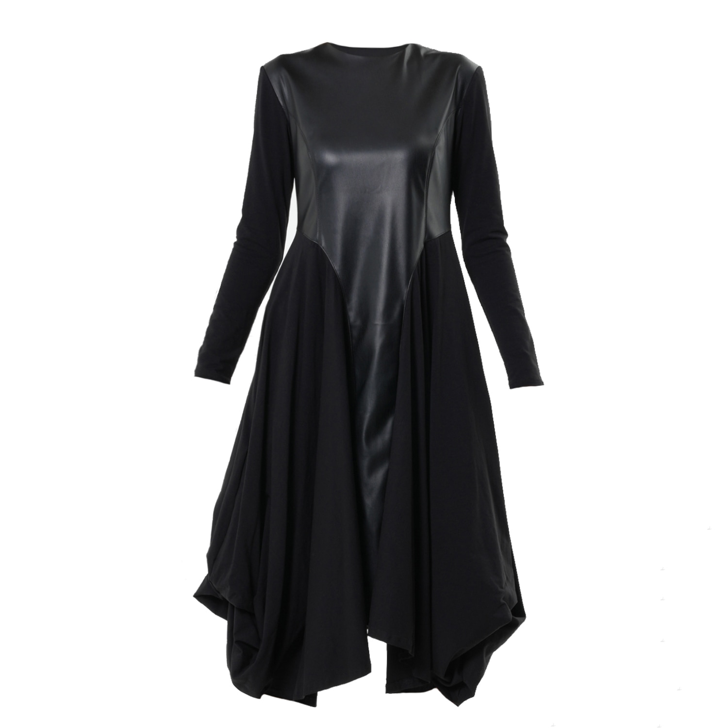 Metamorphoza Women's Black Midi Dress With Leather Detail In Black