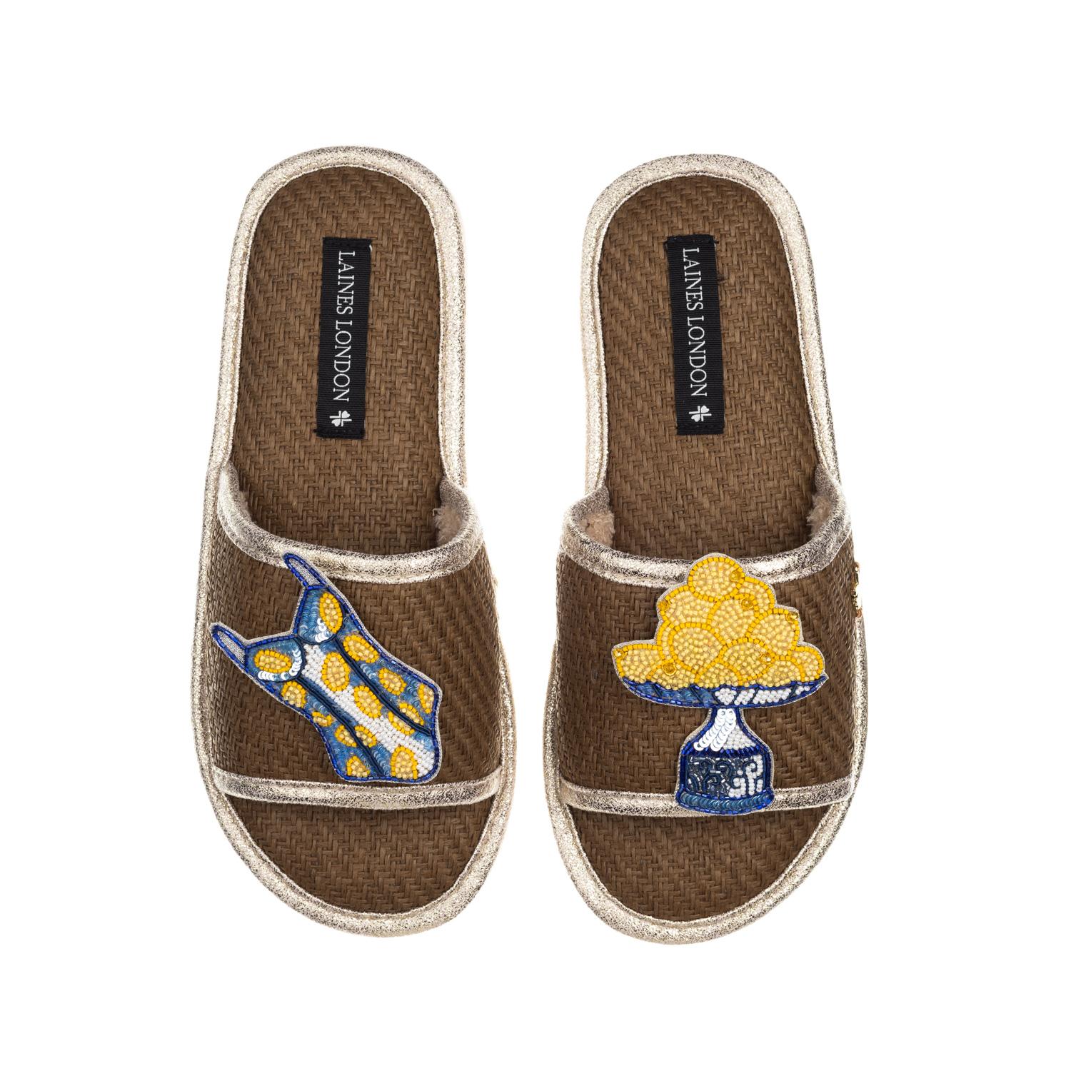 Laines London Women's Brown Straw Braided Sandals With Mediterranean Swimming Costume & Lemons Brooches - Caramel In Brown