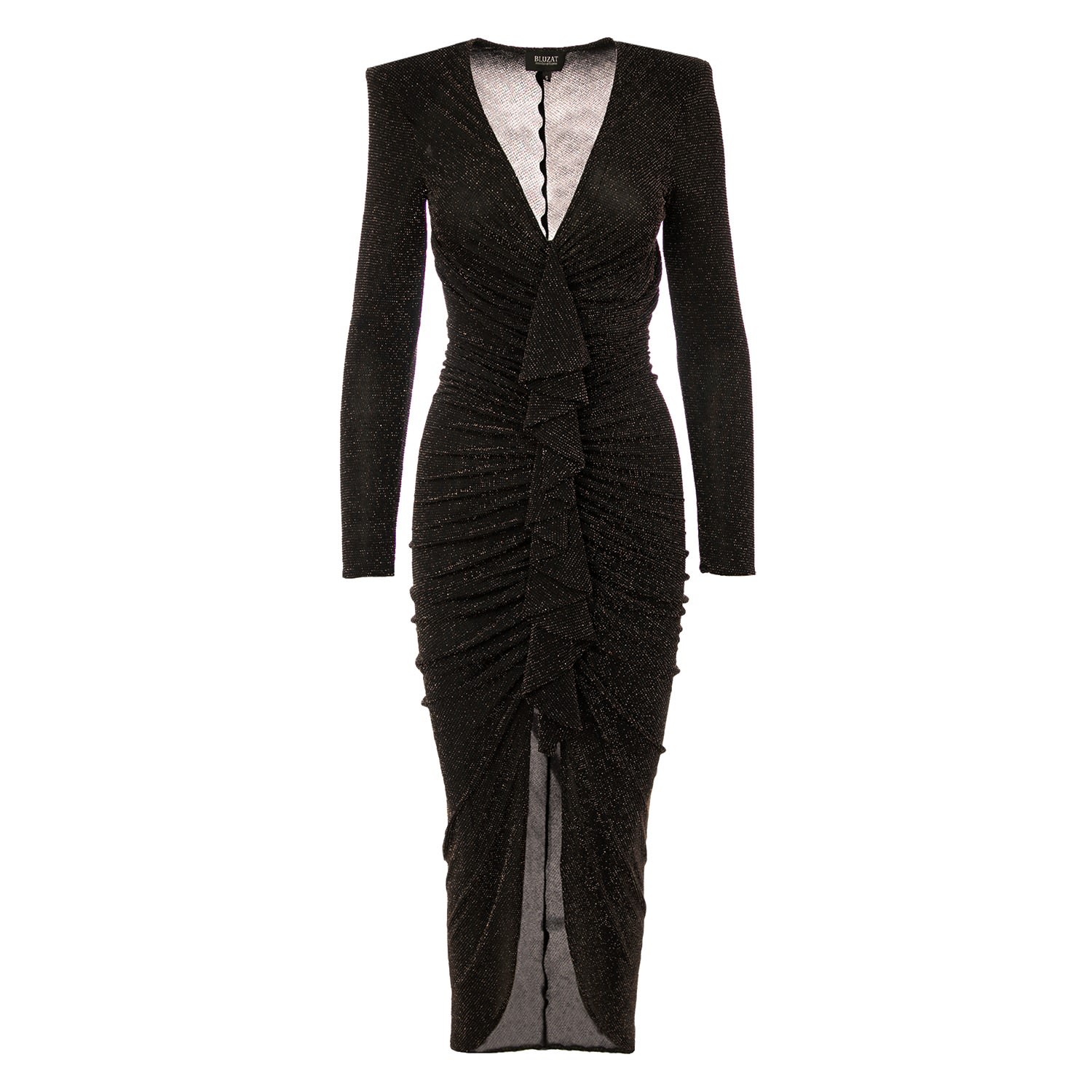 Bluzat Women's Black Maxi Dress With Gold Inserts And Ruffle In Black