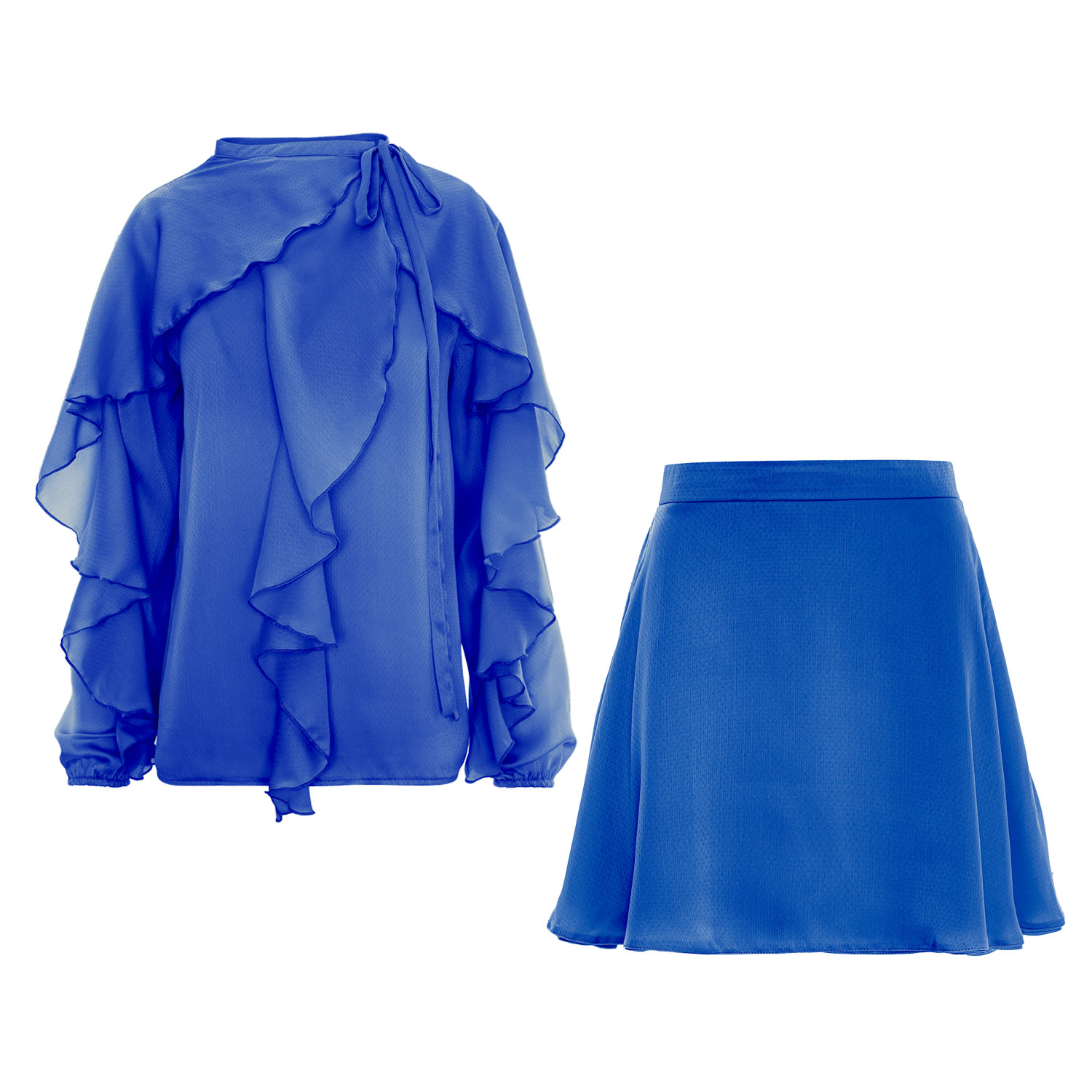 Bluzat Blue Ruffle Two-piece Set With Tie-neck Blouse In Blue