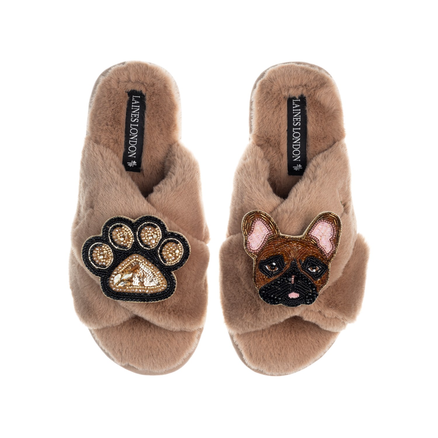 Laines London Women's Brown Classic Laines Slippers With Cookie The Frenchie & Paw Brooches - Toffee In Brown