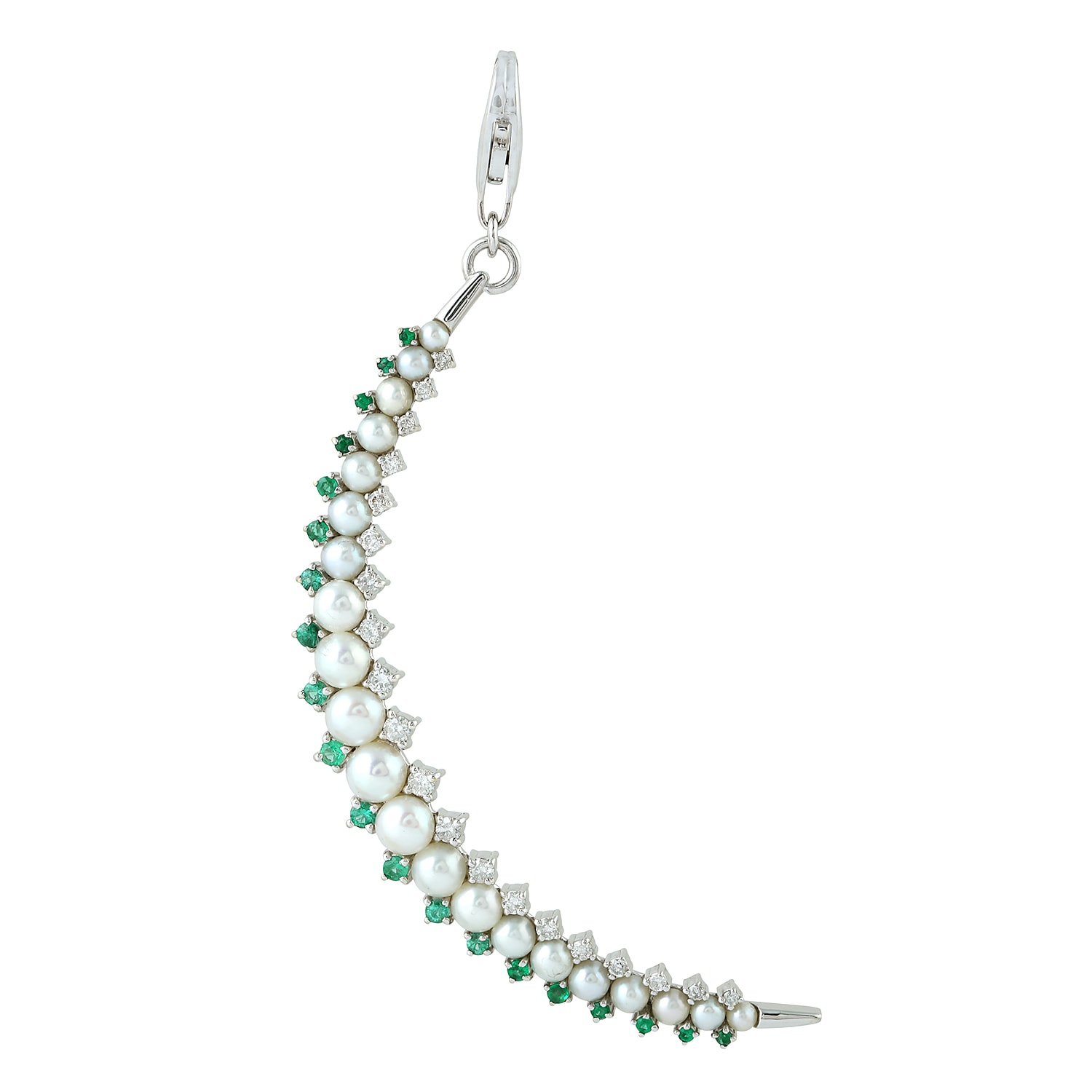 Artisan Women's Green / White Crescent Moon Pendant With Pearl, Emerald & Pave Diamonds In White Gold In Silver