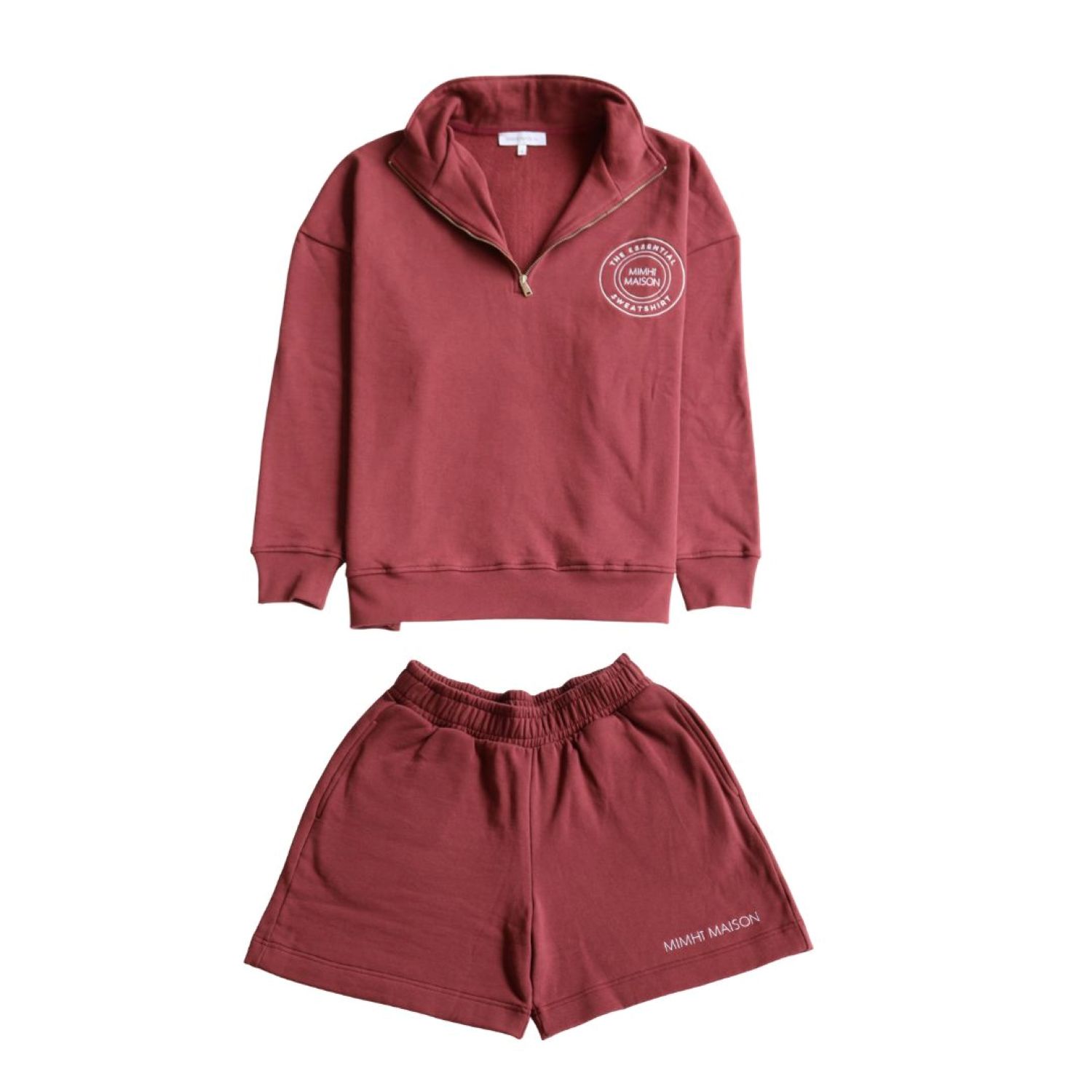 Mimhí Maison Red Oversized Half-zip Sweatshirt & Shorts Set – Burgundy Cotton