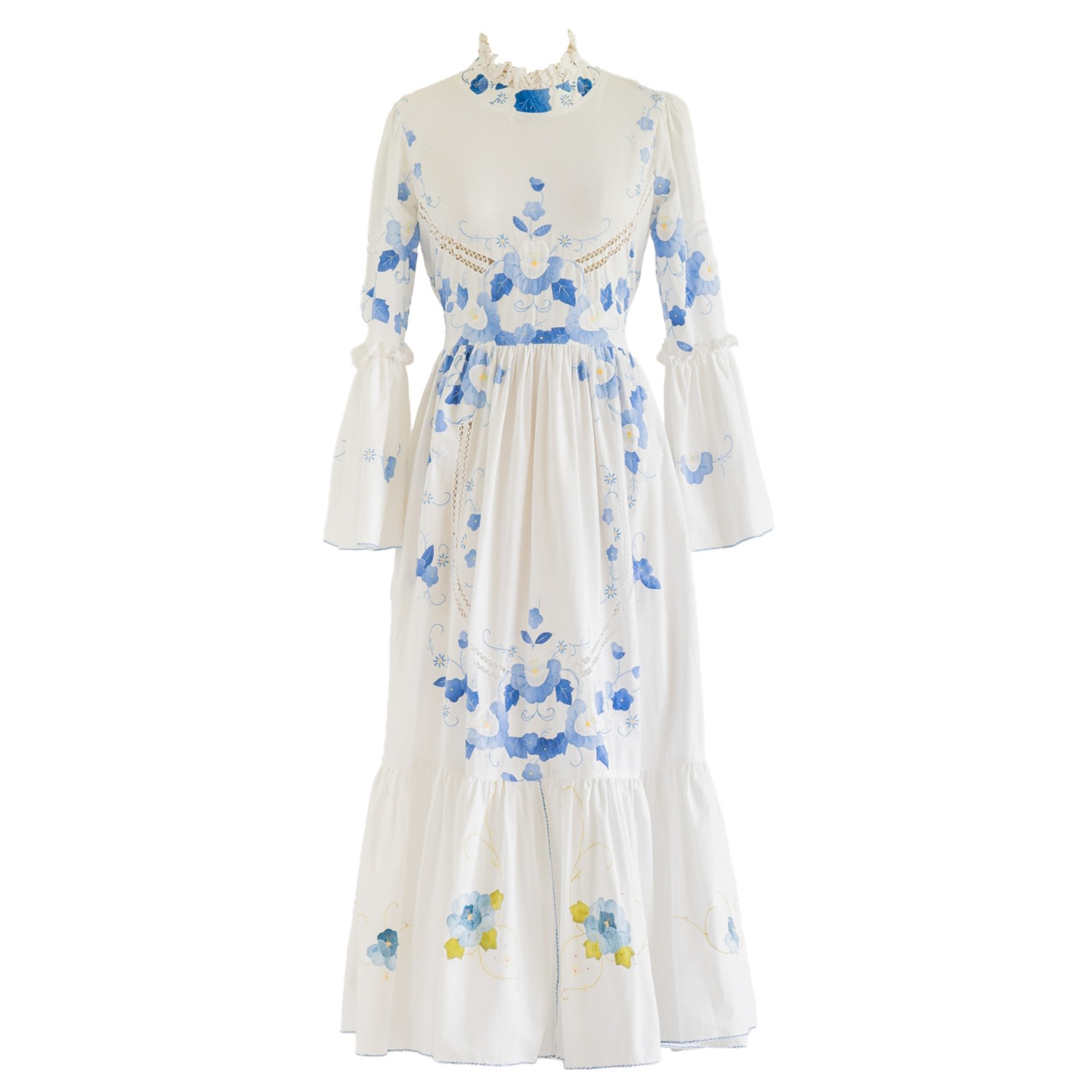 Women’s Re-Design Upcycled Ruffle Neck Blue Floral Embroidery Maxi Dress Large Sugar Cream Vintage