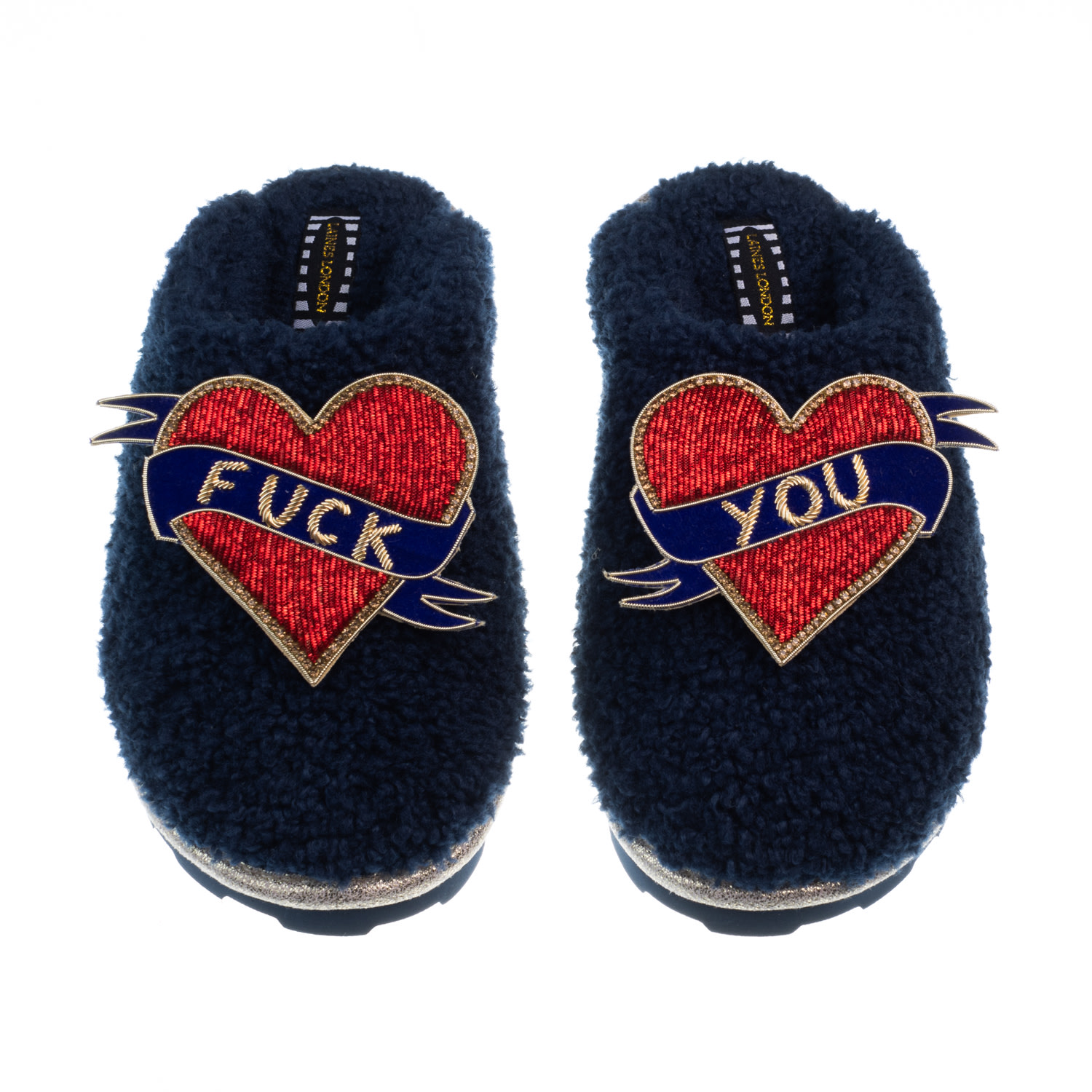 Laines London Women's Blue Teddy Closed Toe Slippers With Fuck You Brooches - Navy In Blue
