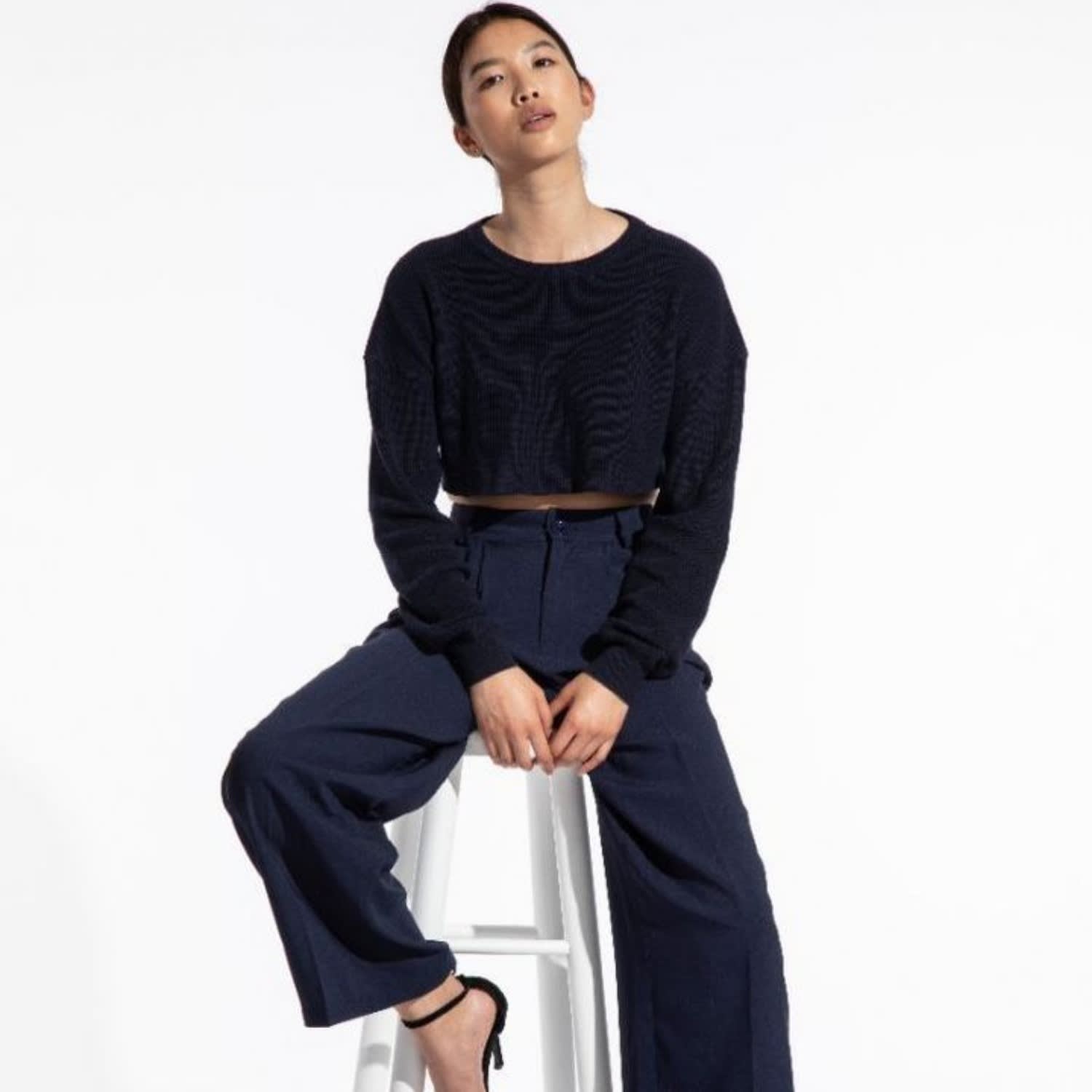 navy high waisted trousers