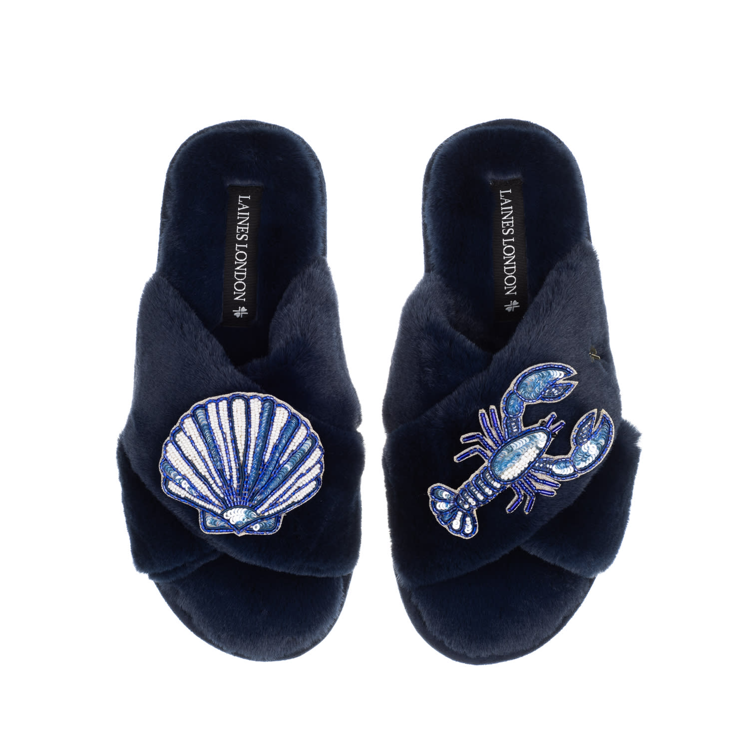 Laines London Women's Classic Laines Slippers With Mediterranean Blue Shell & Lobster Brooches - Navy In Blue