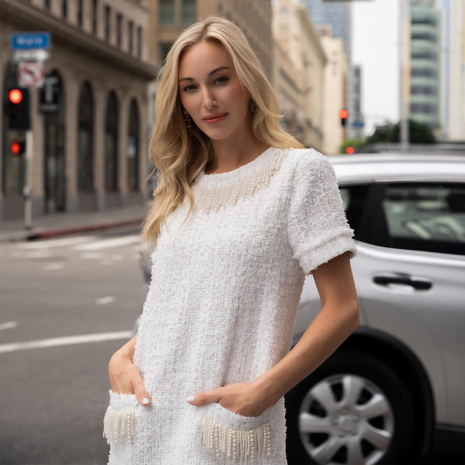 Tia Short Sleeves Sheath Mini Dress In Sequin-Embellished White Tweed  Boucl With Pearl Fringe Details by Solgo Atelier