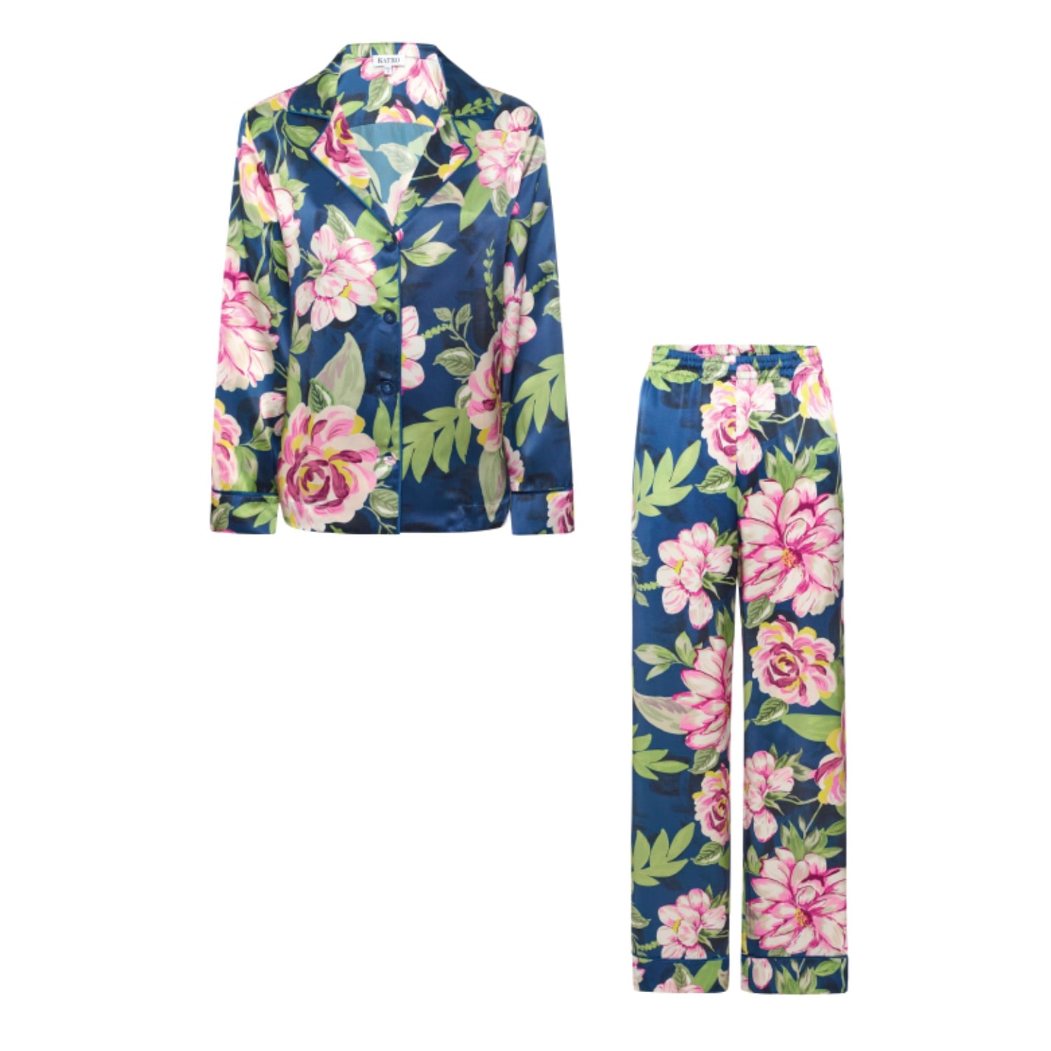 Katro Women's Blue Colony Pink Peonies Silk Satin Pajamas In Blue