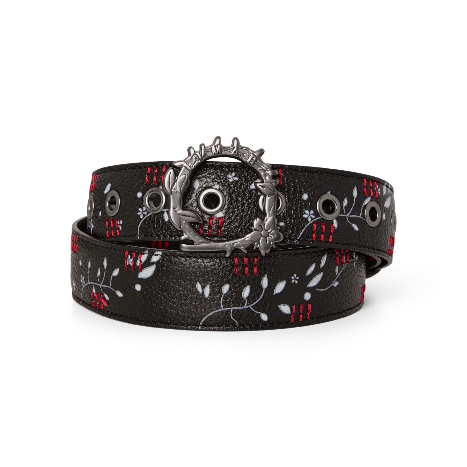 Embroidered Black Leather Belt With Statement Silver Buckle