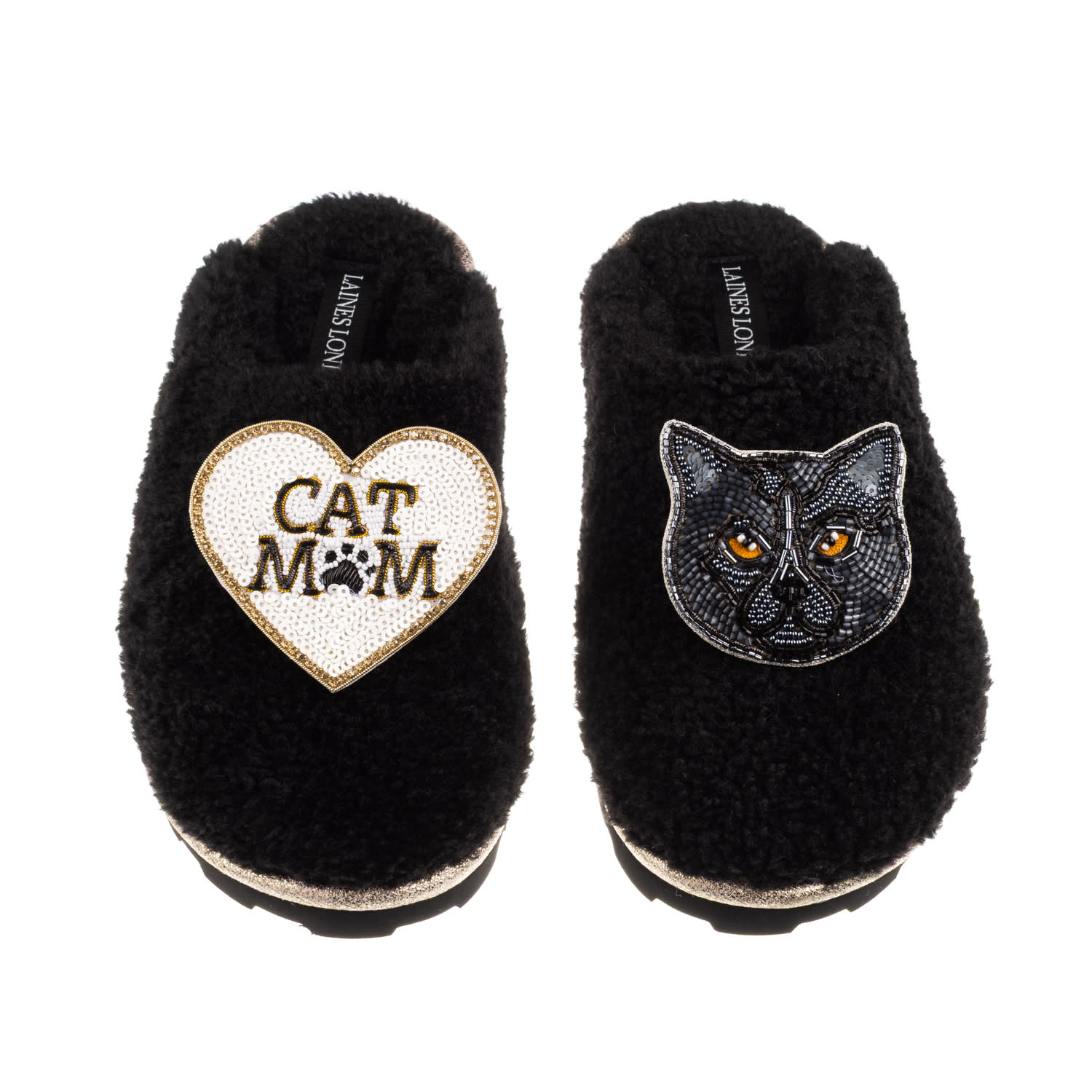 Laines London Women's Teddy Closed Toe Slippers With Cat Mum/mom & Black British Shorthair Brooches - Black In Black