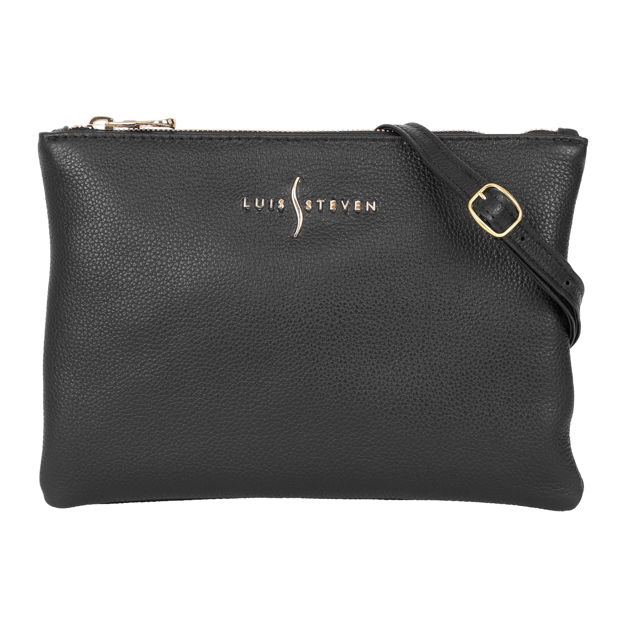 Luis Steven Women's Crossbody Pouch- Black Pebble Leather In Black