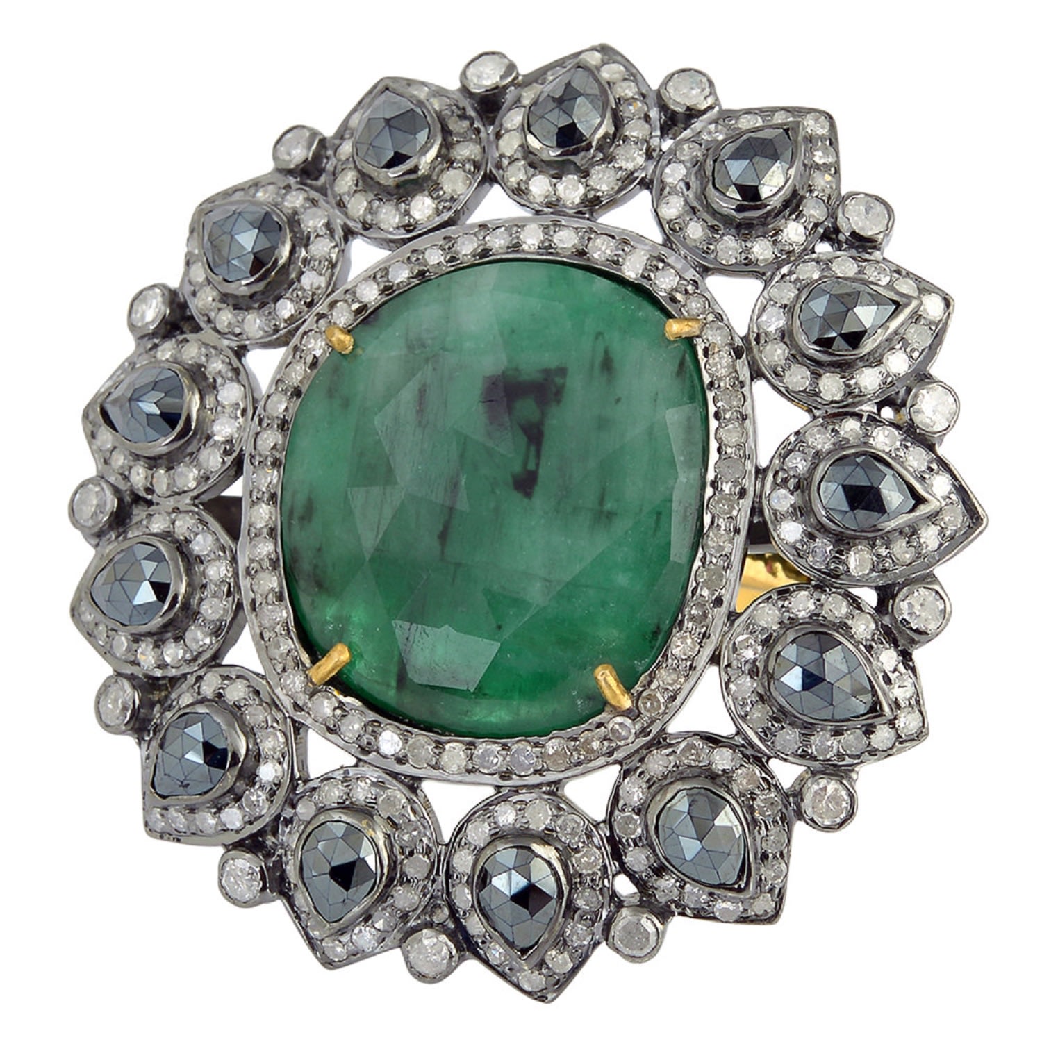 Women’s Gold / Green Emerald & Pear Spinel Pave Diamond Cocktail Ring In 18K Gold 925 Sterling Silver Artisan