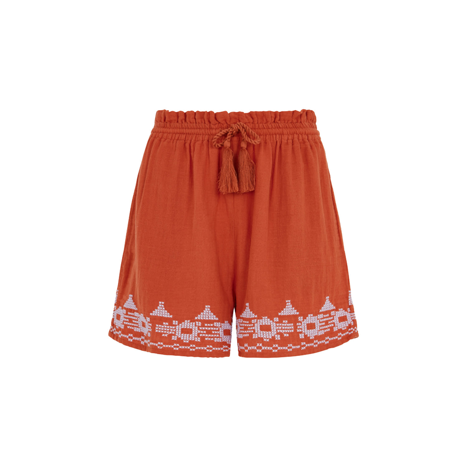 Brown Chloe Embroidered Coral/Henna Cotton Shorts With White Embroidery & Tie Waist Detail Small Raffya