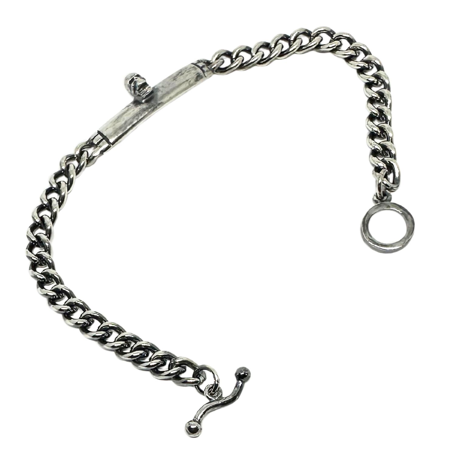 Men's Silver / Black Men’s Skull Plate Bracelet – Sterling Silver, Handmade Round Curb Chain, T-Bar Clasp | Tg-Jewellery by Tamara Gervasio