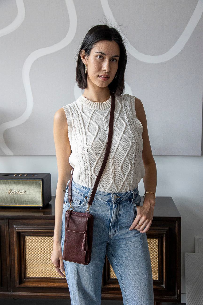 Risa Vancouver Women's Red Three Fold Leather Wallet Crossbody Aggiee Maroon