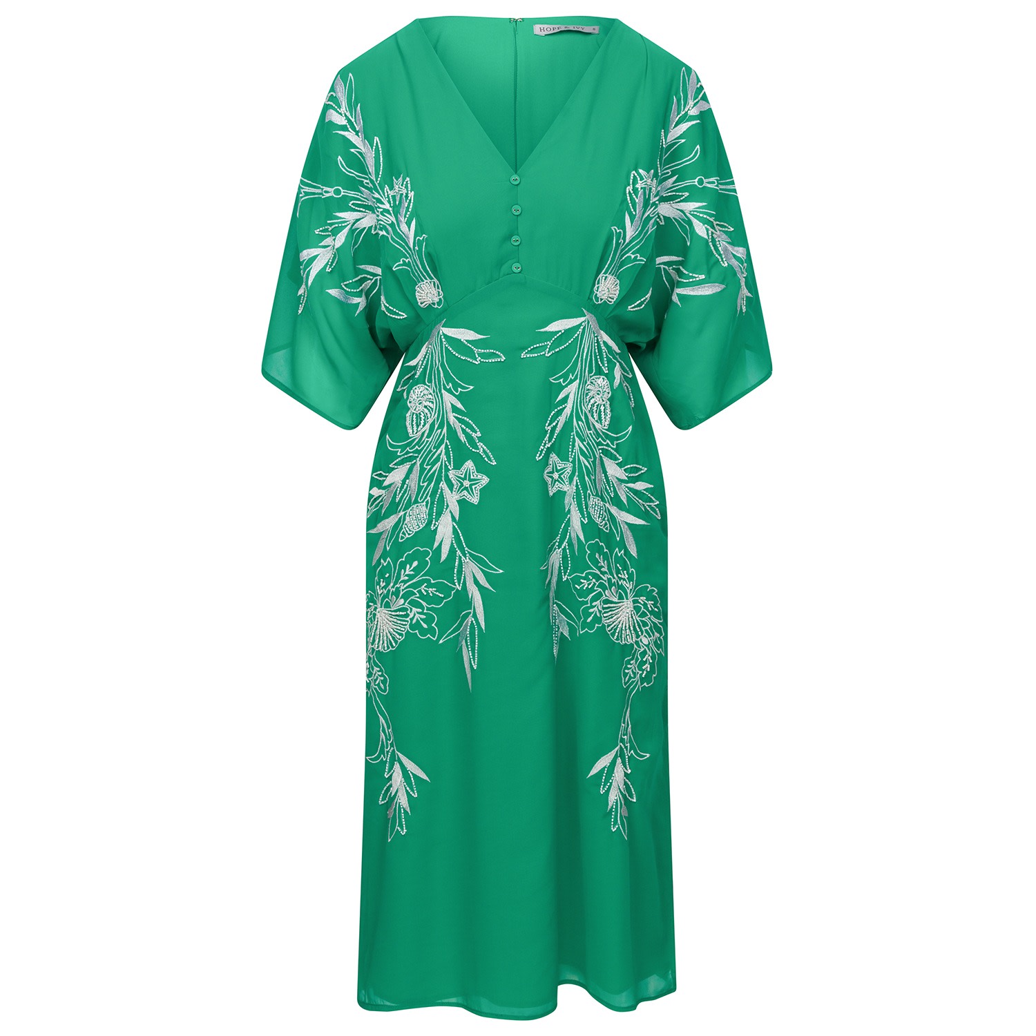 Women’s Green The Frances Embroidered Flutter Sleeve Plunge Neck Midi Dress Medium Hope and Ivy