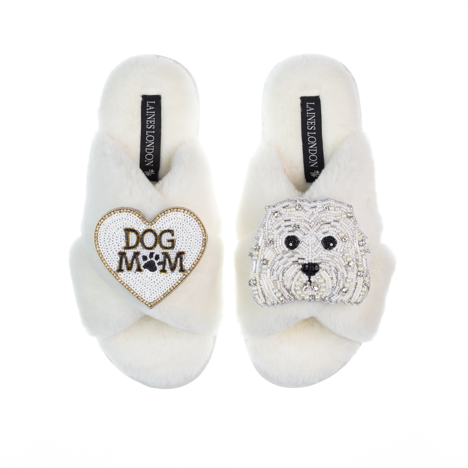 Laines London Women's White Classic Laines Slippers With Queenie & Dog Mum / Mom Brooches - Cream In White