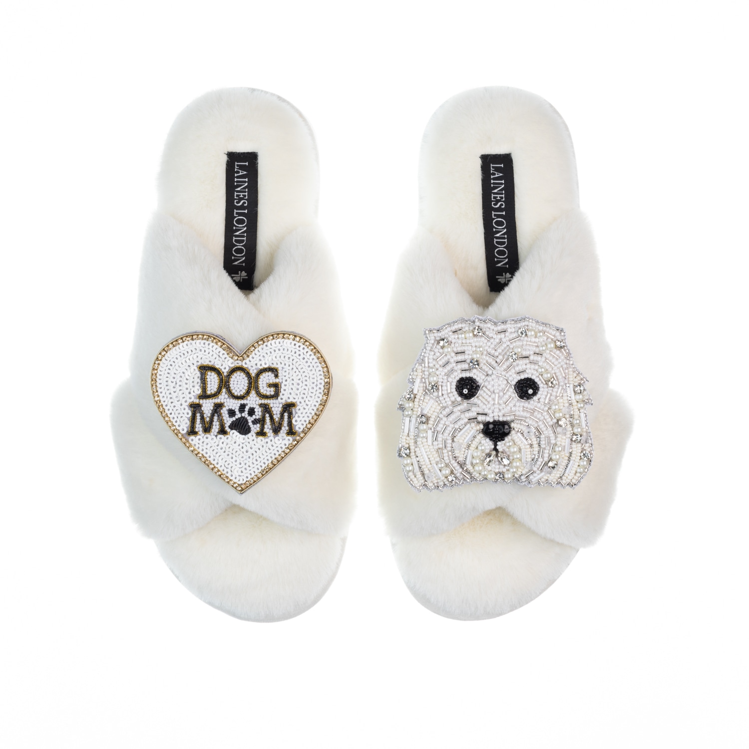 Women’s White Classic Laines Slippers With Queenie & Dog Mum / Mom Brooches - Cream Extra Large Laines London