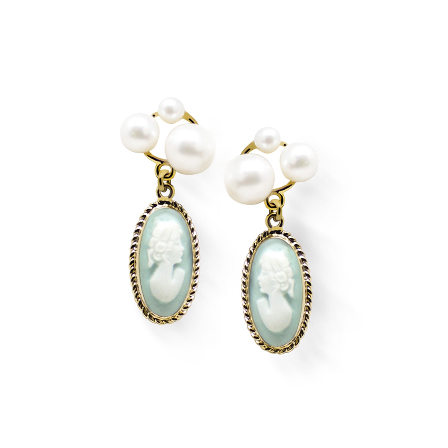 Women’s Gold / Green Lilith Gold-Plated Green Cameo And Pearl Stud Earrings Vintouch Italy