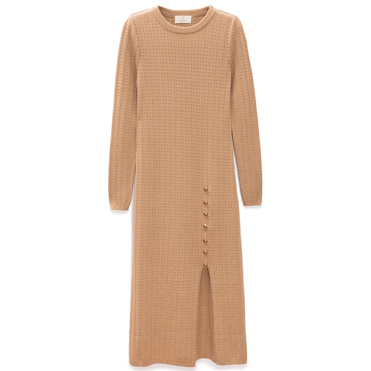 Zaira Minimal Cable Knit Slit Midi Dress In Camel | Peraluna | Wolf & Badger