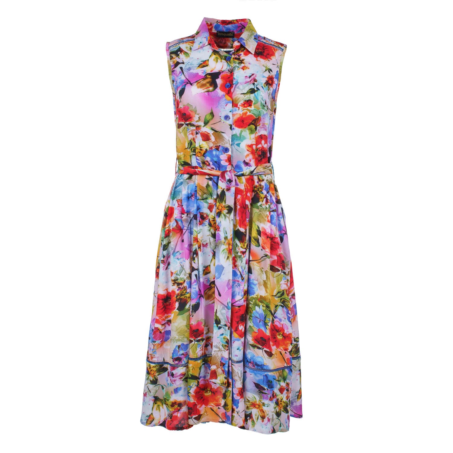 Conquista Women's Blue Floral Sleeveless Dress With Belt In Blue