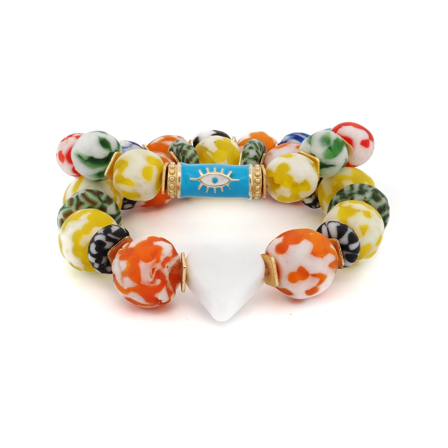Ebru Jewelry Women's White / Yellow / Orange Love & Luck Evil Eye Beaded Bracelet Set - Multicolour