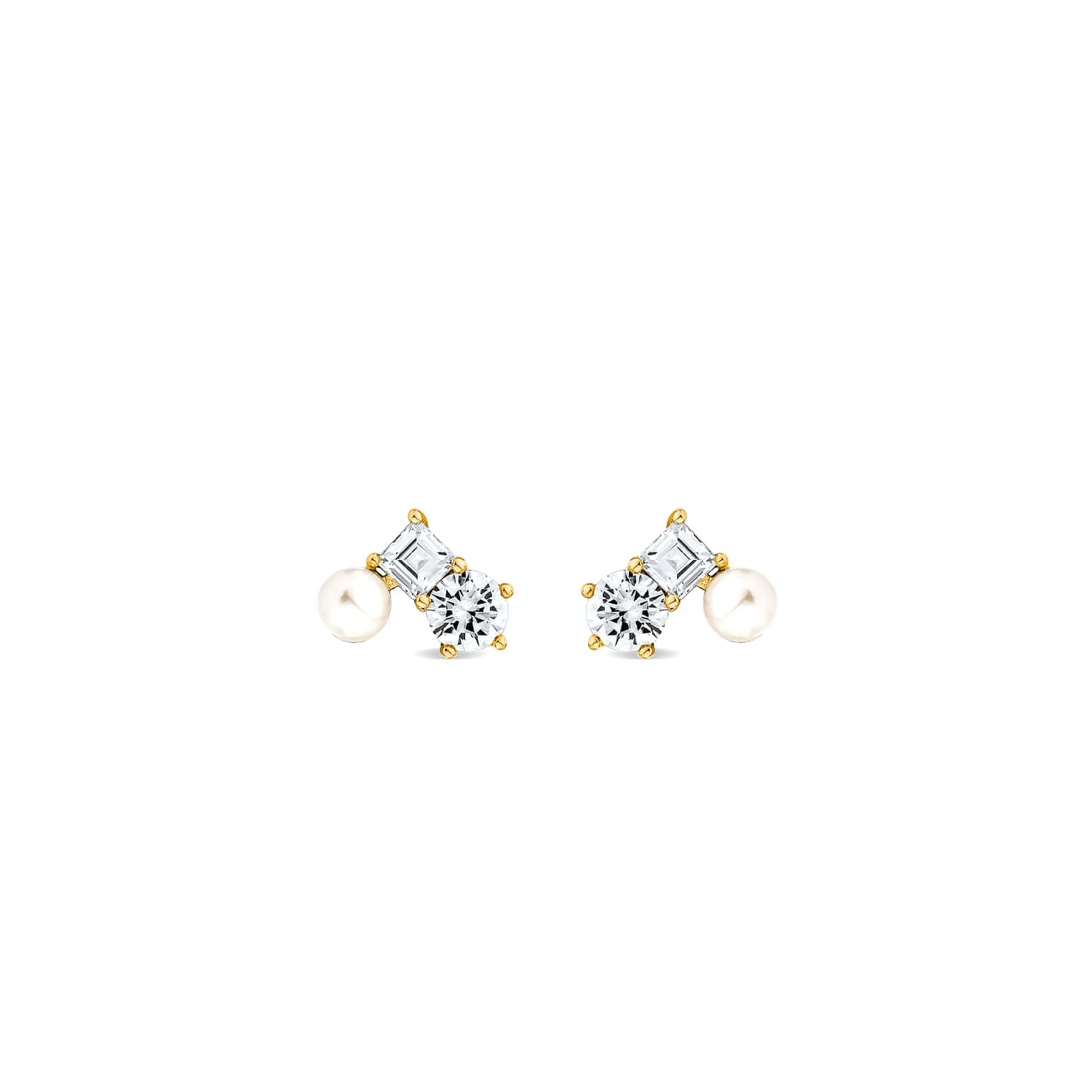 Sally Skoufis Women's Gold / White Eclipse Stud Earrings With Natural White Pearls & Man Made Cz Diamond Stimulant In Multi