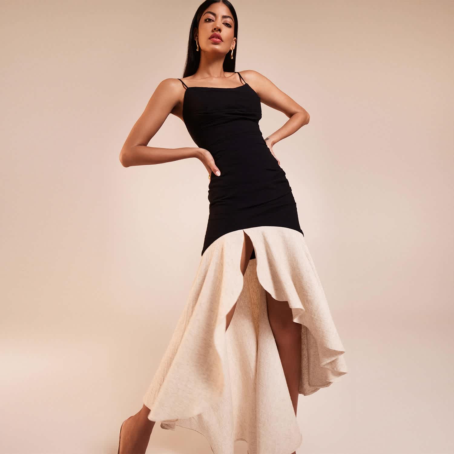 beige and black midi dress Seven Wonders Sammi MIDI Dress | Tan/Black | Size XS