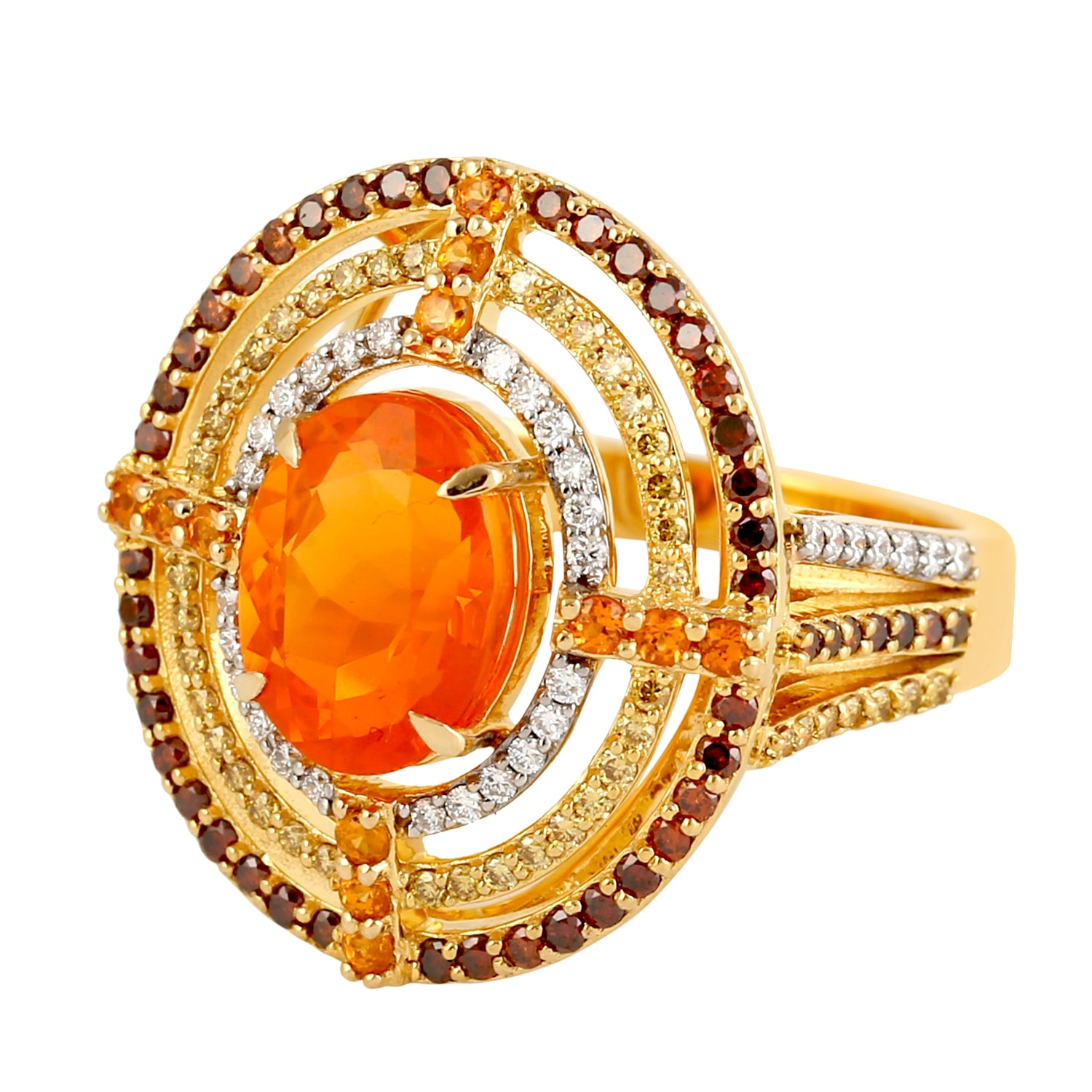 Artisan Women's Designer Fire Opal And Garnet Mandarin Diamond Ring In Yellow Gold In Gold