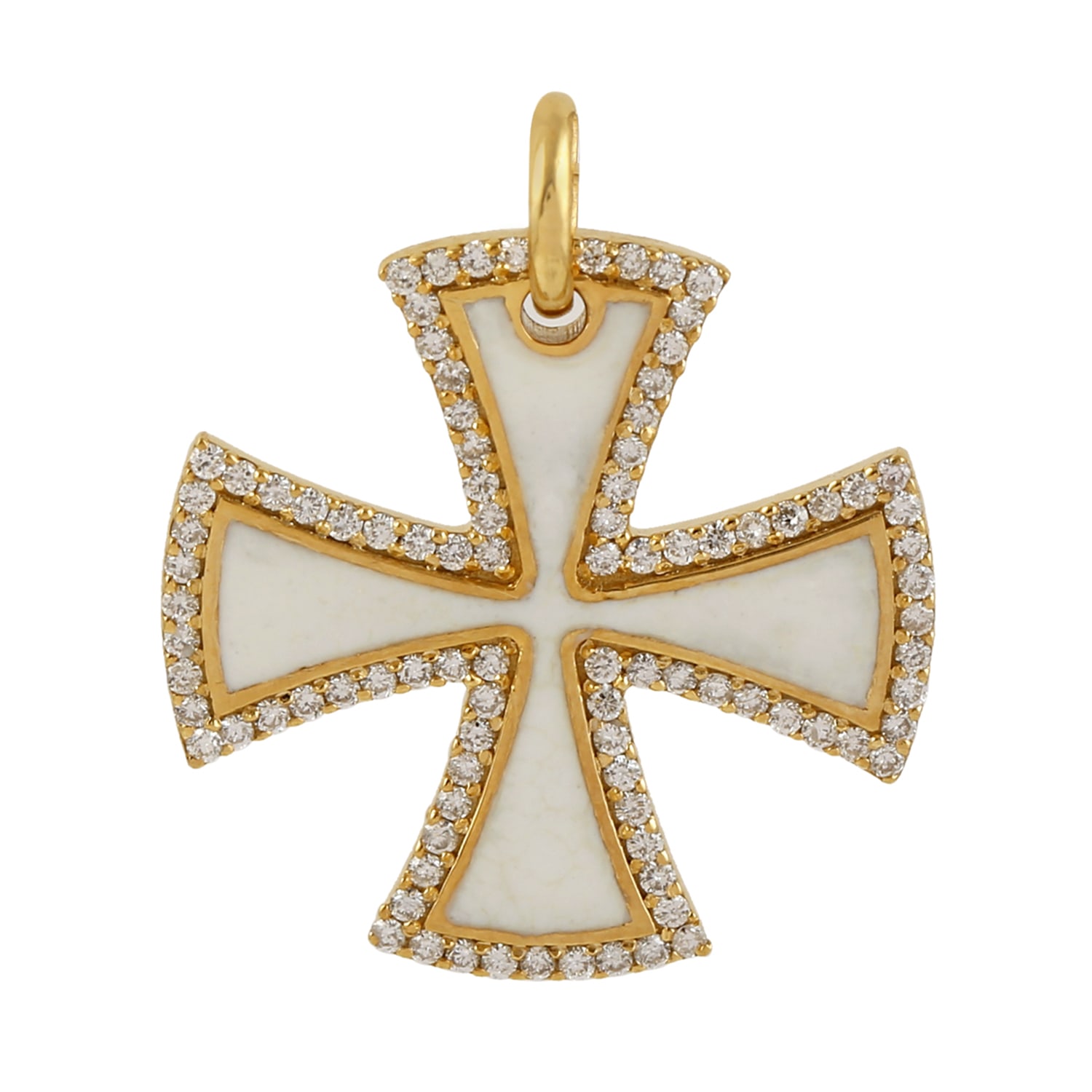 Women’s Gold / White Natural Dimond Pave Cross Sign With Enamel In 14K Yellow Gold Pendant Artisan