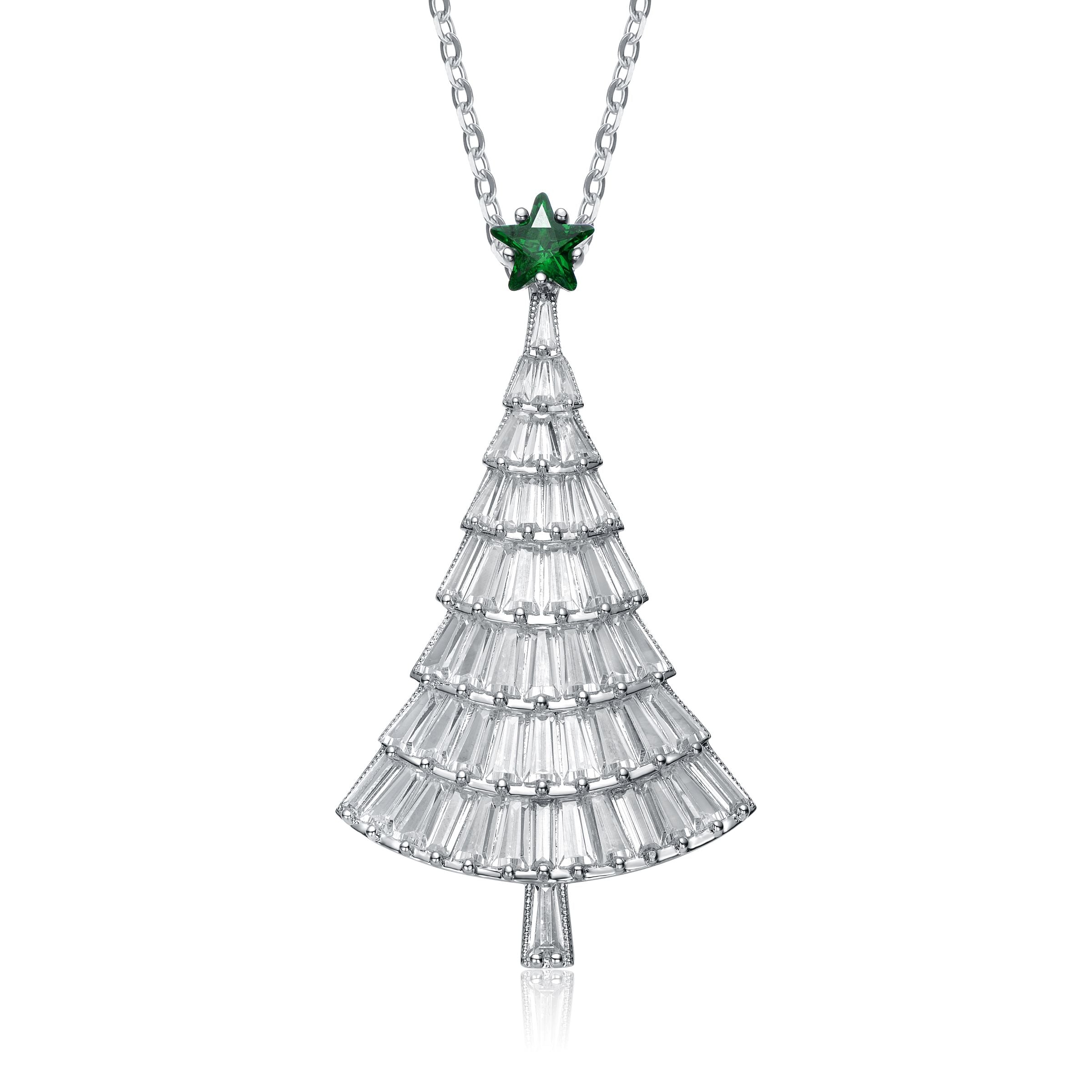Genevive Jewelry Women's Silver / Green / White Christmas Tree Cubic Zirconia White & Emerald Green Pendant Brooch In Gray