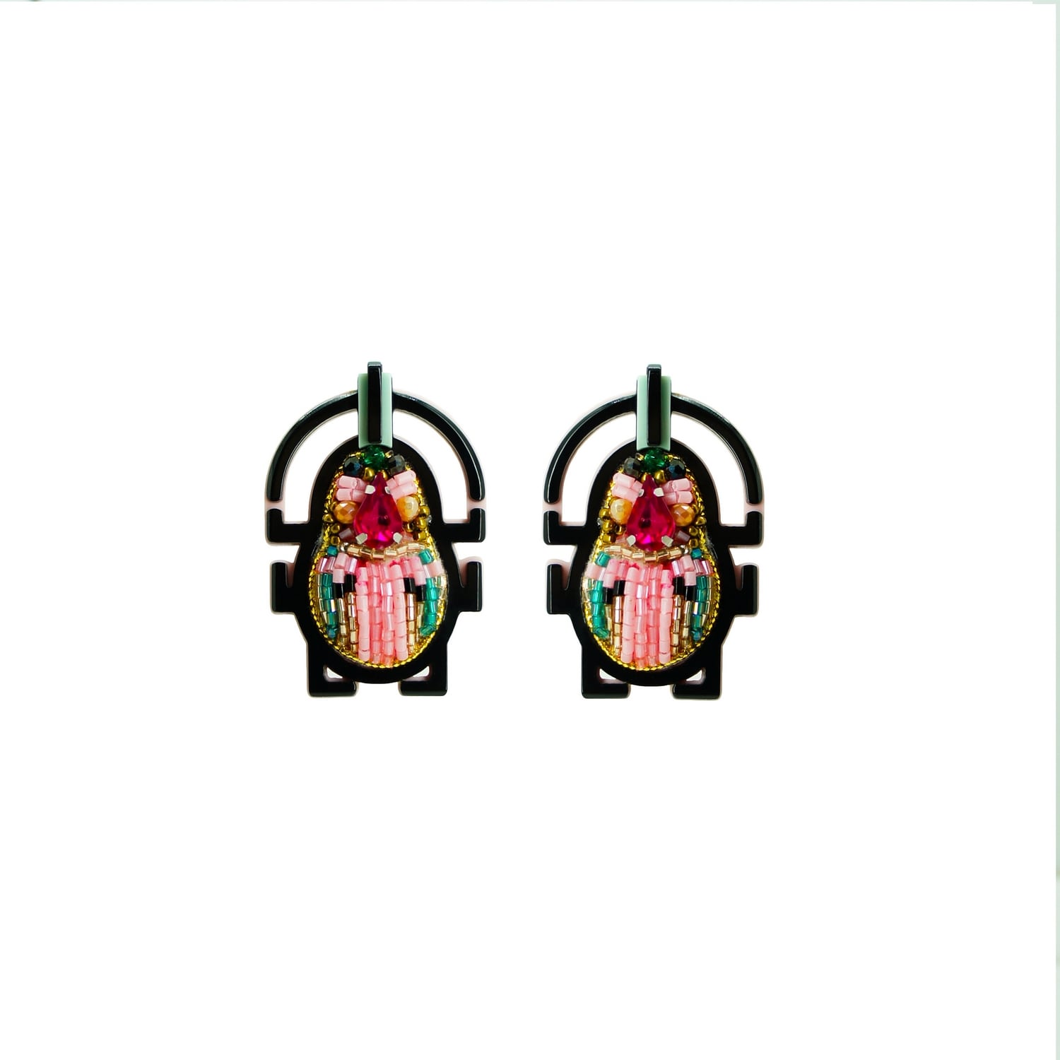 Gissa Bicalho Women's Pink / Black Handmade Acrylic Earring Scarab Embroidered Candy Pink In Multi