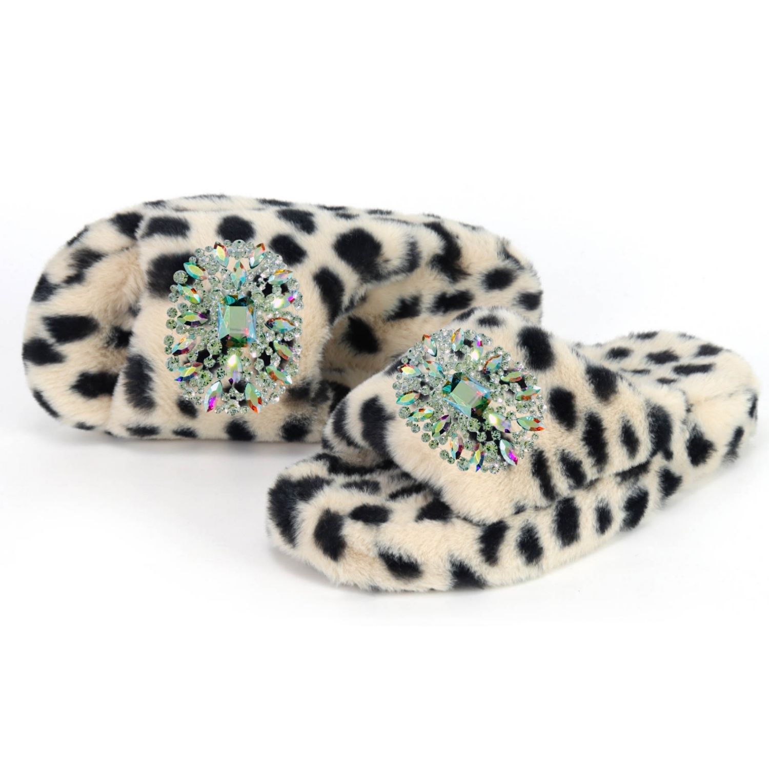 Yomisma Women's Black / Neutrals Eco Cheetah Slide Slippers – Iridescent Rhinestone Brooches In Black