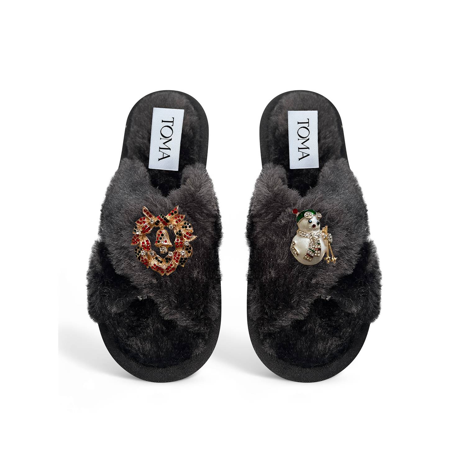 Toma Women's Classic  Faux Fur Open Toe Sky Snowman Black Slippers In Black