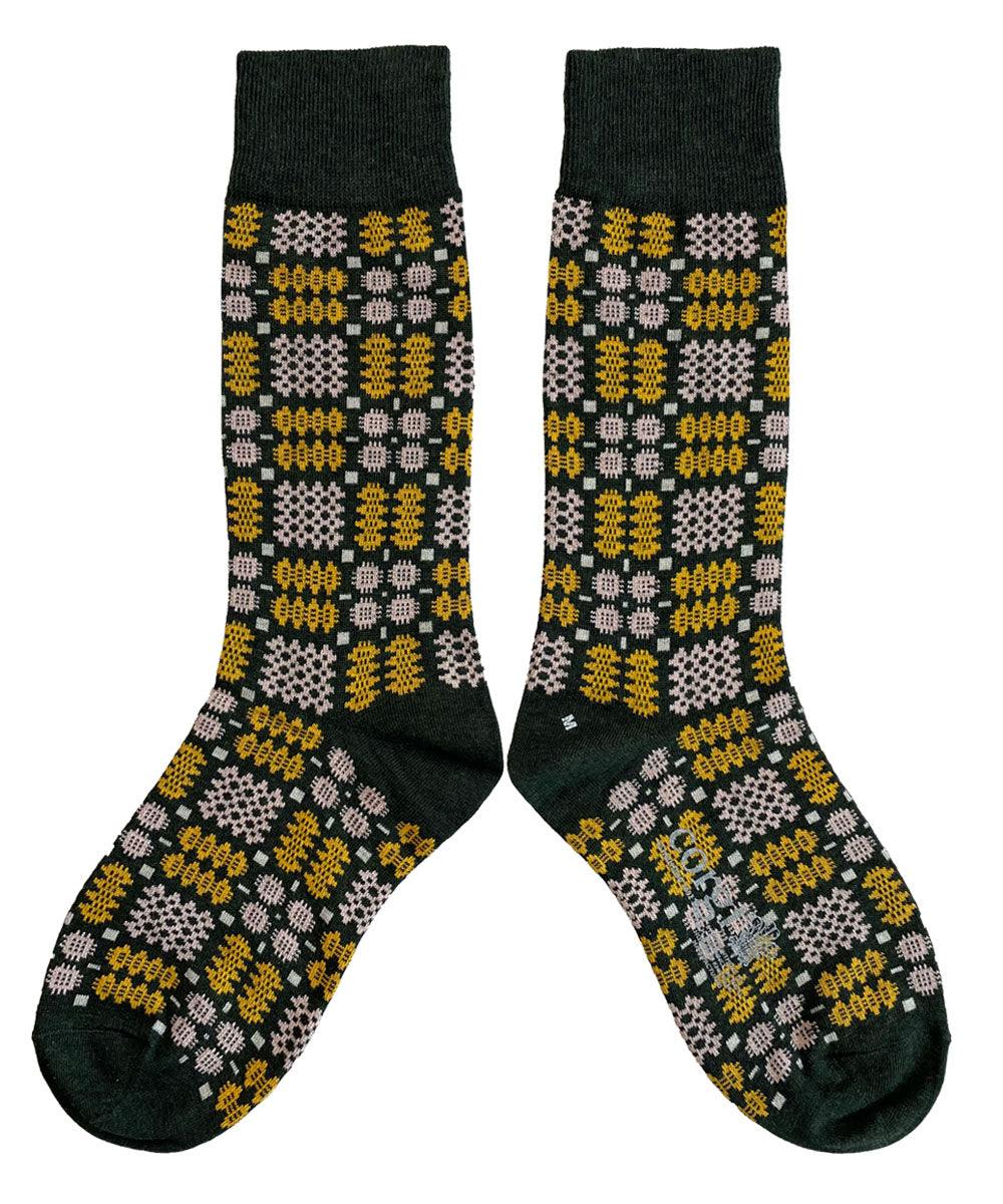 Mabli Women's Green / Yellow Carthen Socks - Kale In Brown