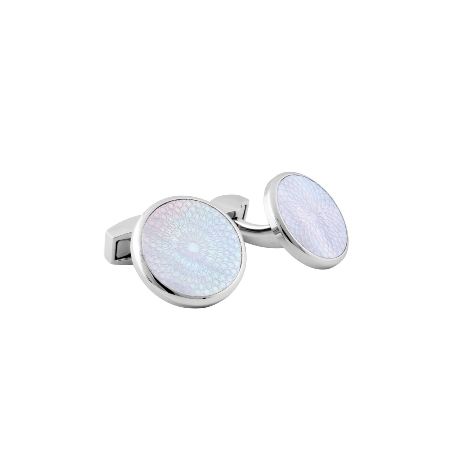 Men's Silver Rotondo Guilloche Semi-Precious Cufflinks With White Mother Of Pearl In Stainless Steel | Tateossian London