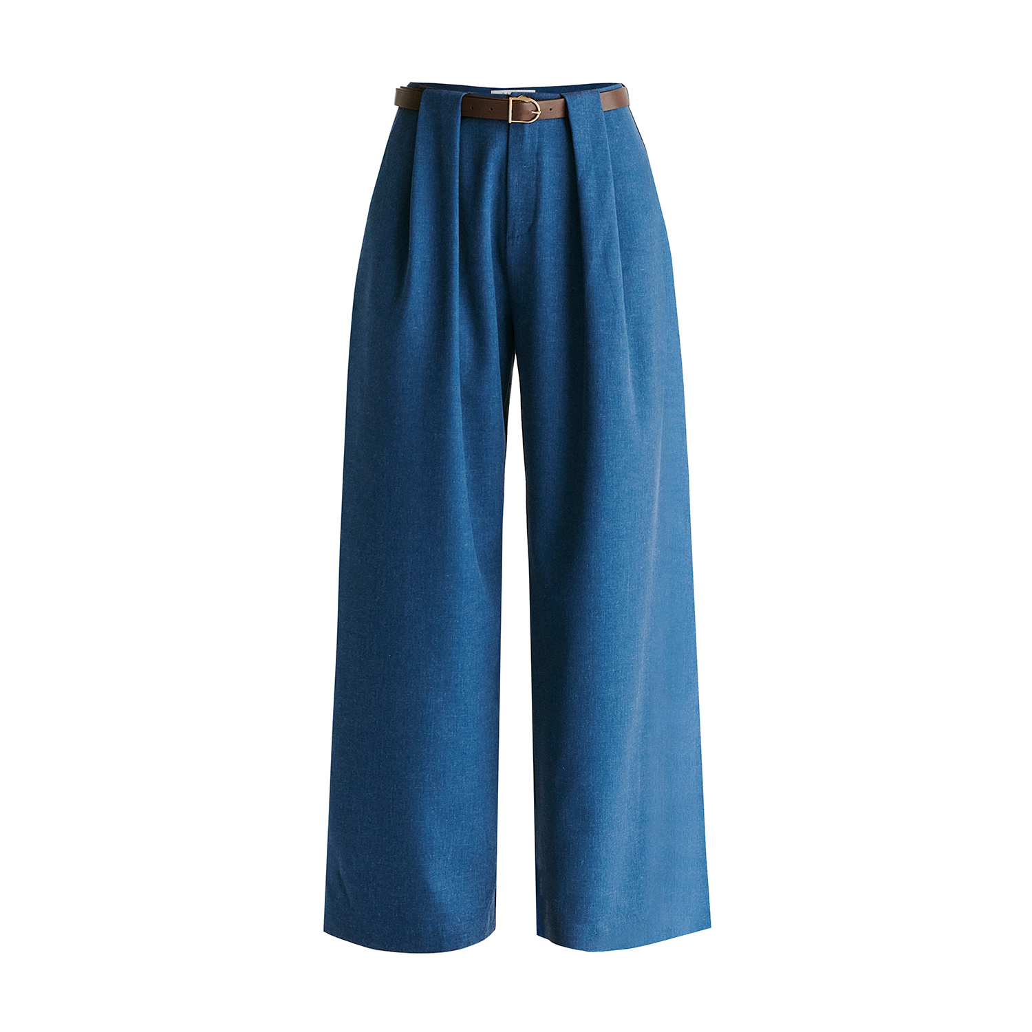 Paisie Women's Belted Wide Leg Trousers With Box Pleats In Denim Blue In Blue