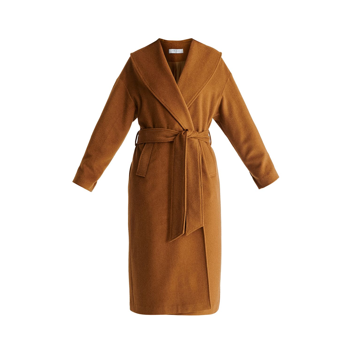 Paisie Women's Brown Shawl Collar Wool Coat With Belt In Camel In Brown