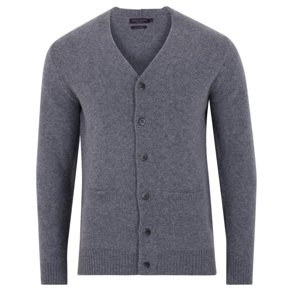 Mens Lambswool Thompson Two Pocket Cardigan - Grey Mix Large Paul James Knitwear