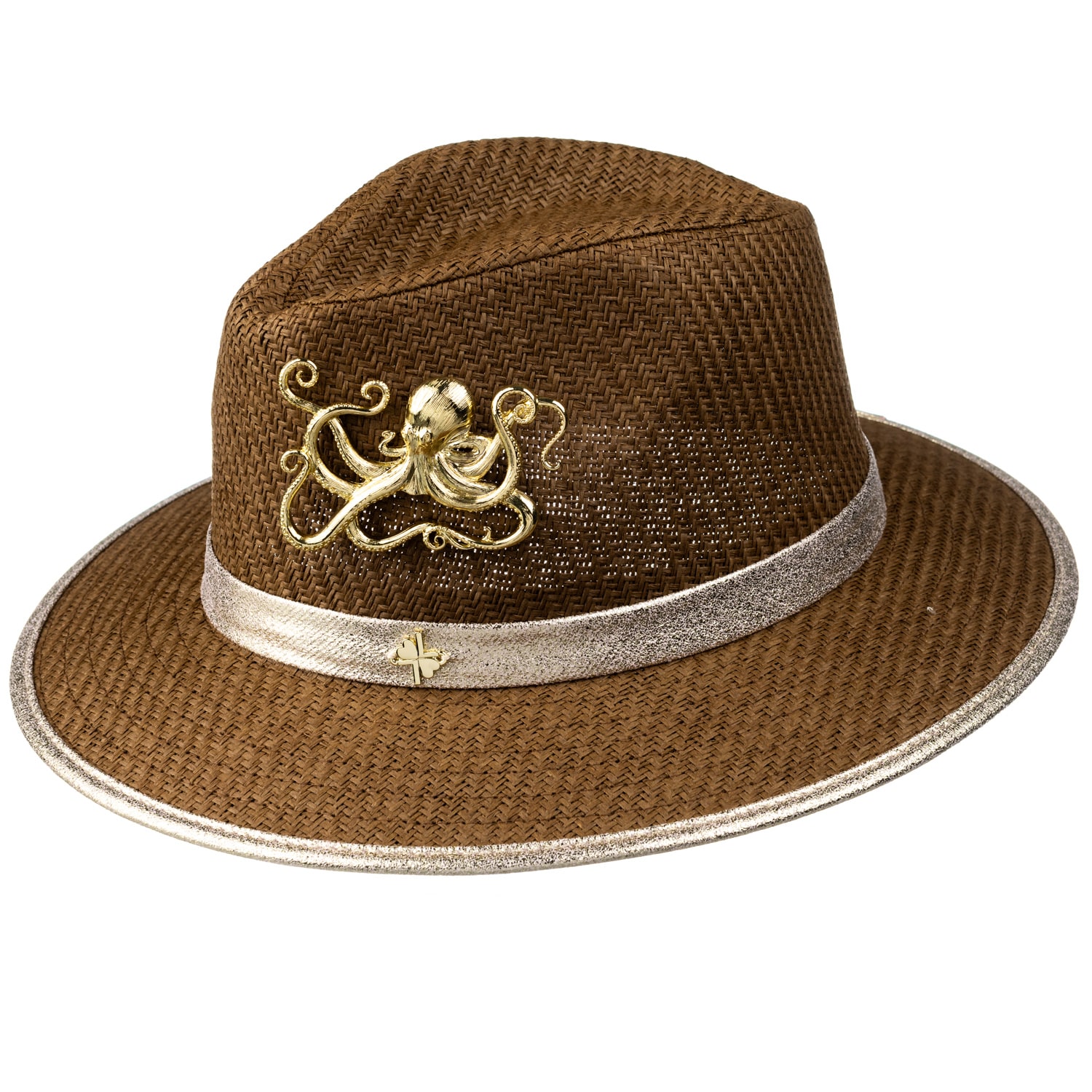 Women’s Brown Straw Woven Hat With Gold Metal Octopus Brooch - Caramel One Size Laines London