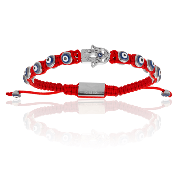 Men’s Silver Hamsa Hand With Red Polyester Bracelet Unisex Double Bone Bracelets