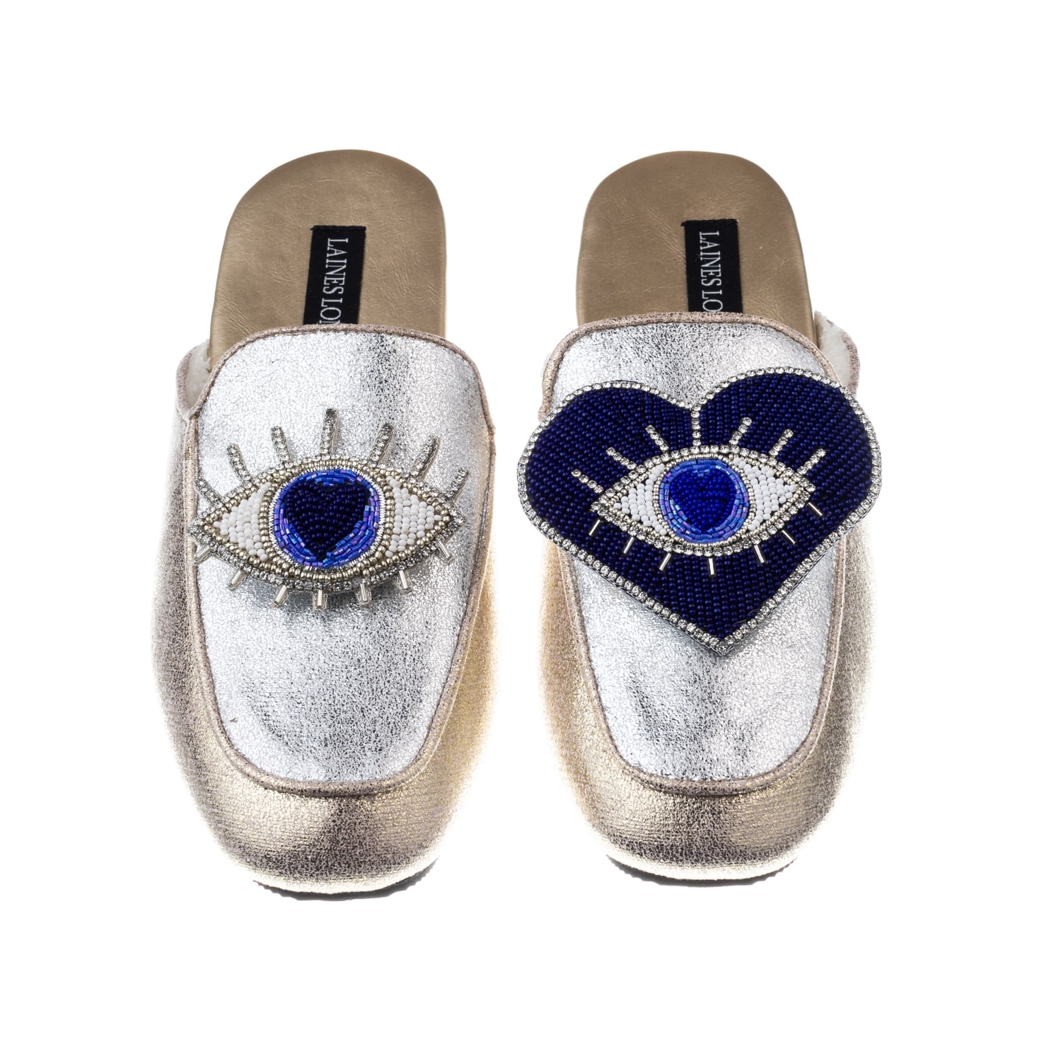 Laines London Women's Gold / Silver Classic Mules With Blue & Silver Double Blue Eyes Brooches - Silver & Gold
