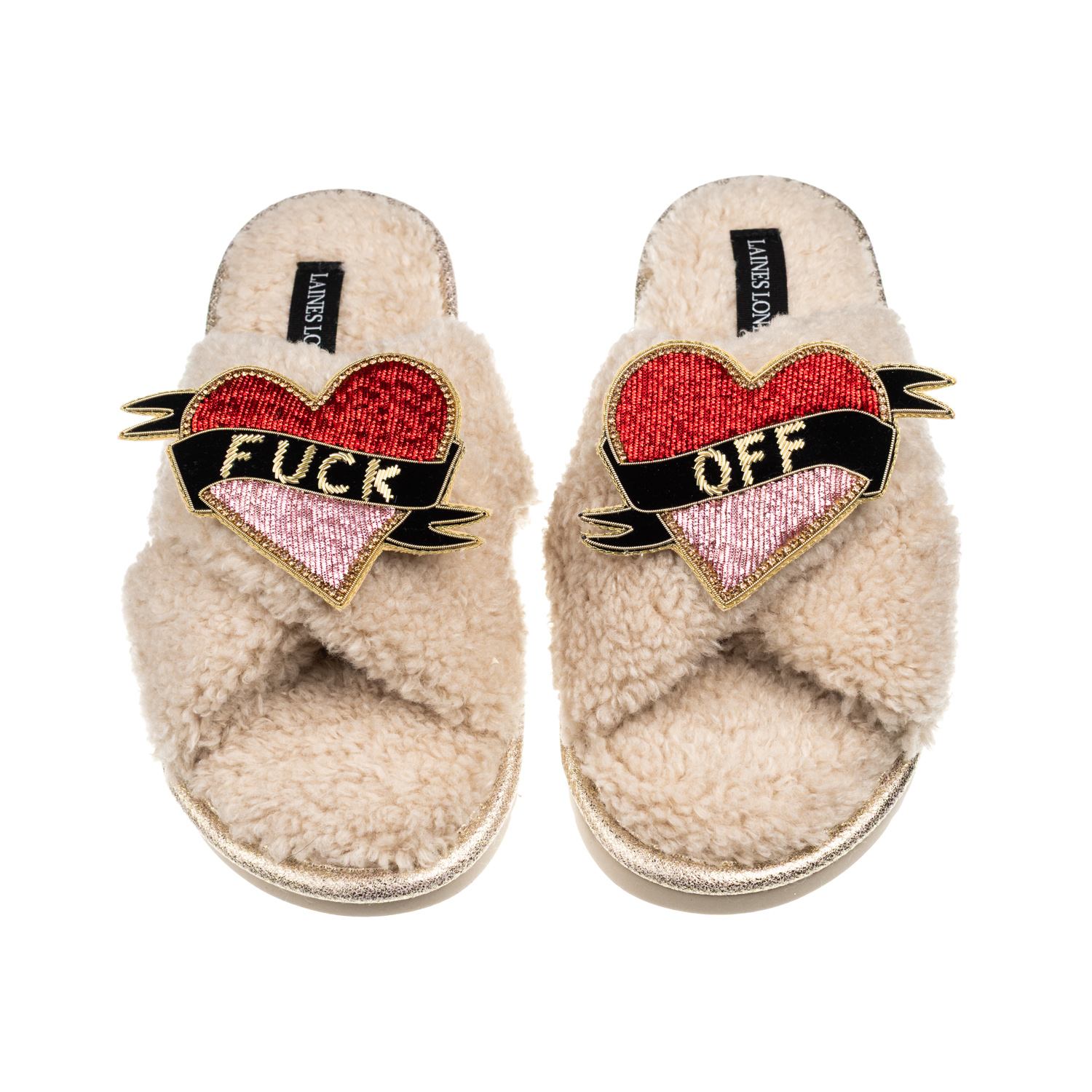 Laines London Women's Brown / Neutrals Laines Neutral Boucle Slippers With Fuck Off Brooches - Oatmeal