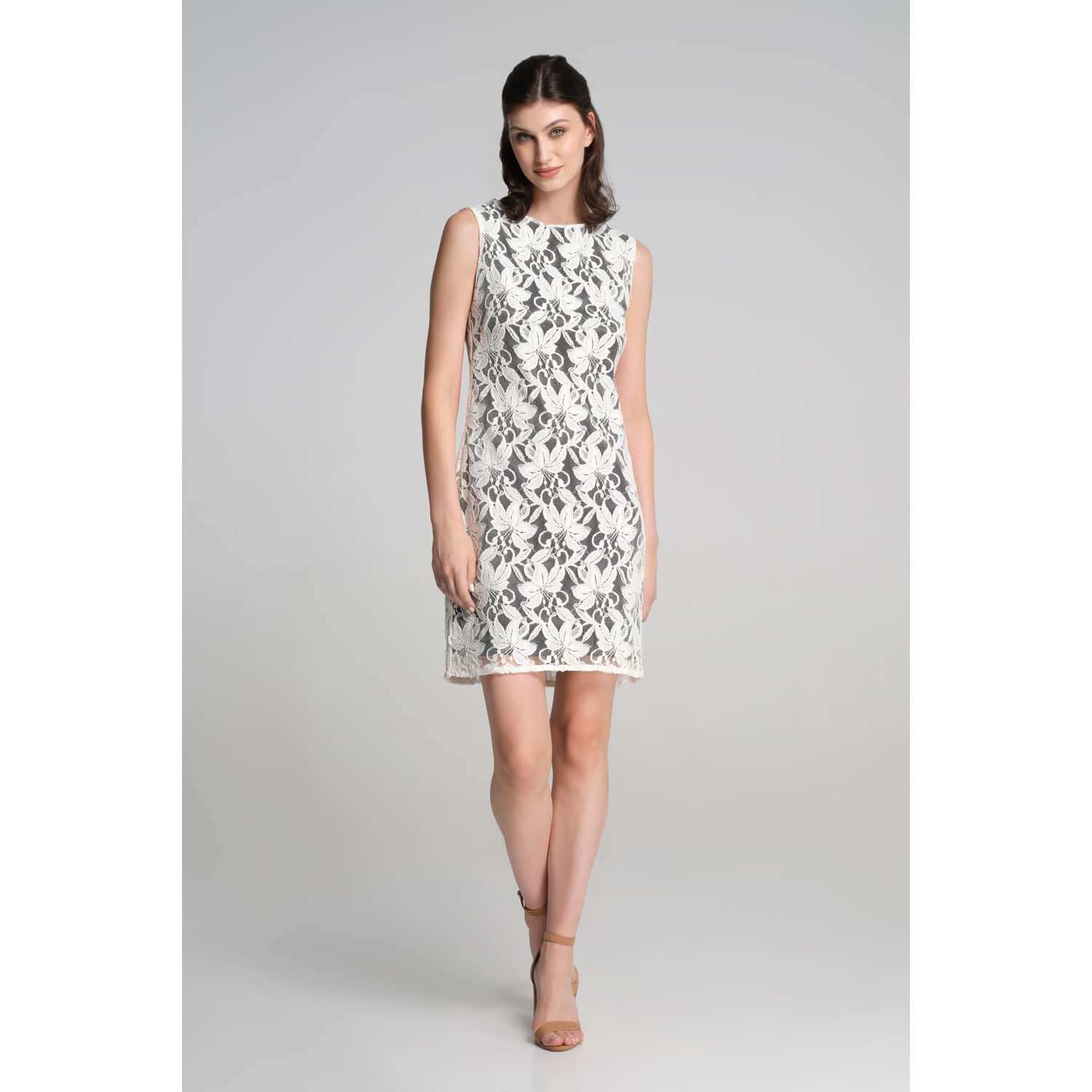 sleeveless lace overlay dress Cream Floral Lace Overlay Flare Waist Mini Dress