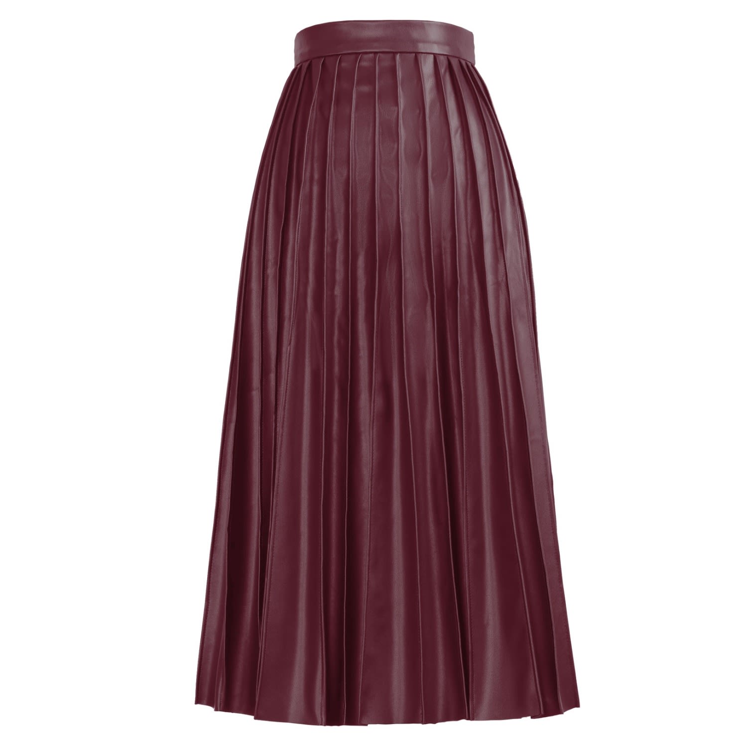 Kargede Women's Red Burgundy Leather Midi Skirt – Pleated Faux, High Waist