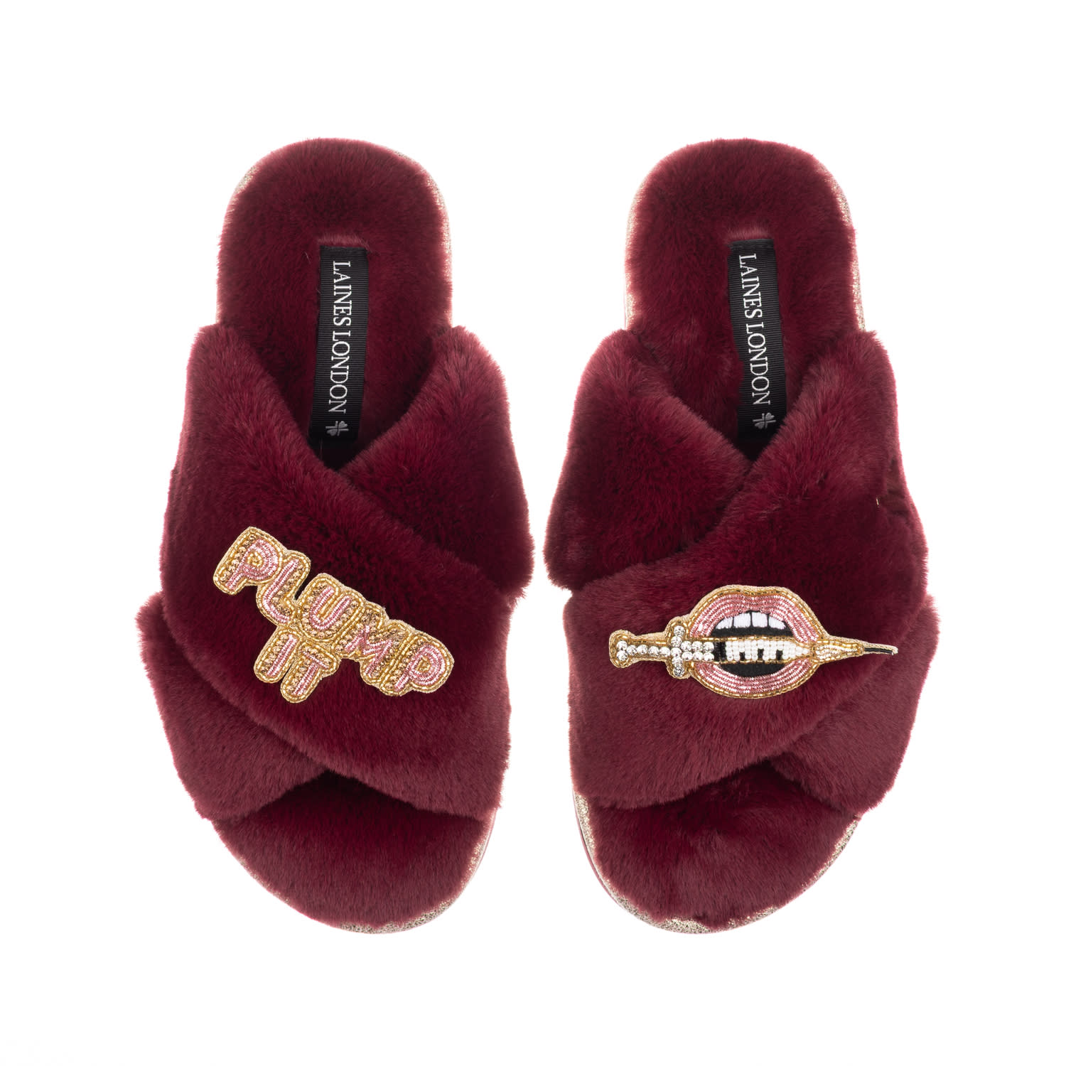 Laines London Women's Red Classic Laines Slippers With Plump It Pout Brooches - Limited Edition Burgundy In Brown