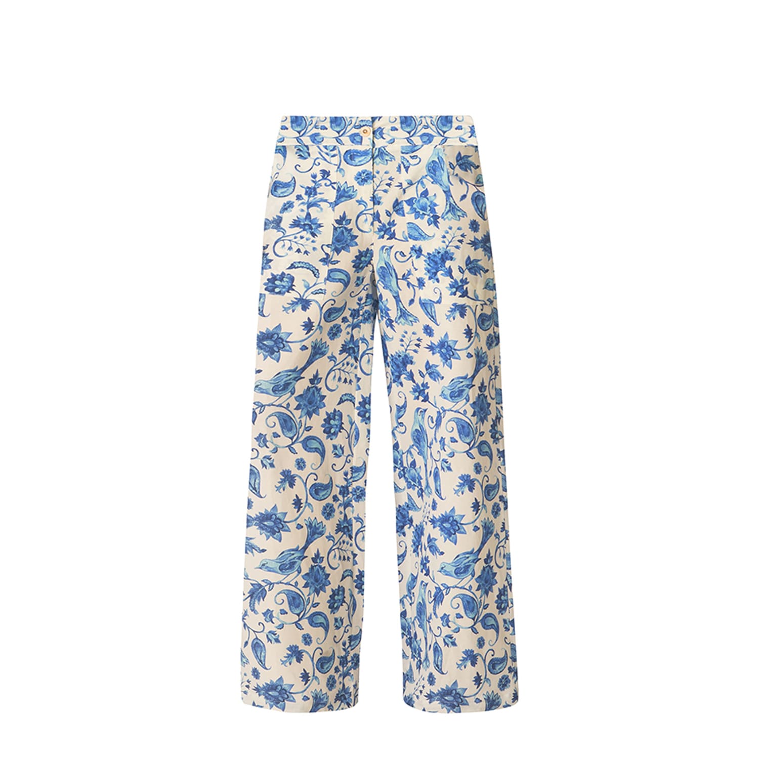 Haris Cotton Women's Blue / White Wide Leg Printed Linen Blend Pants Blue Birds In White/blue