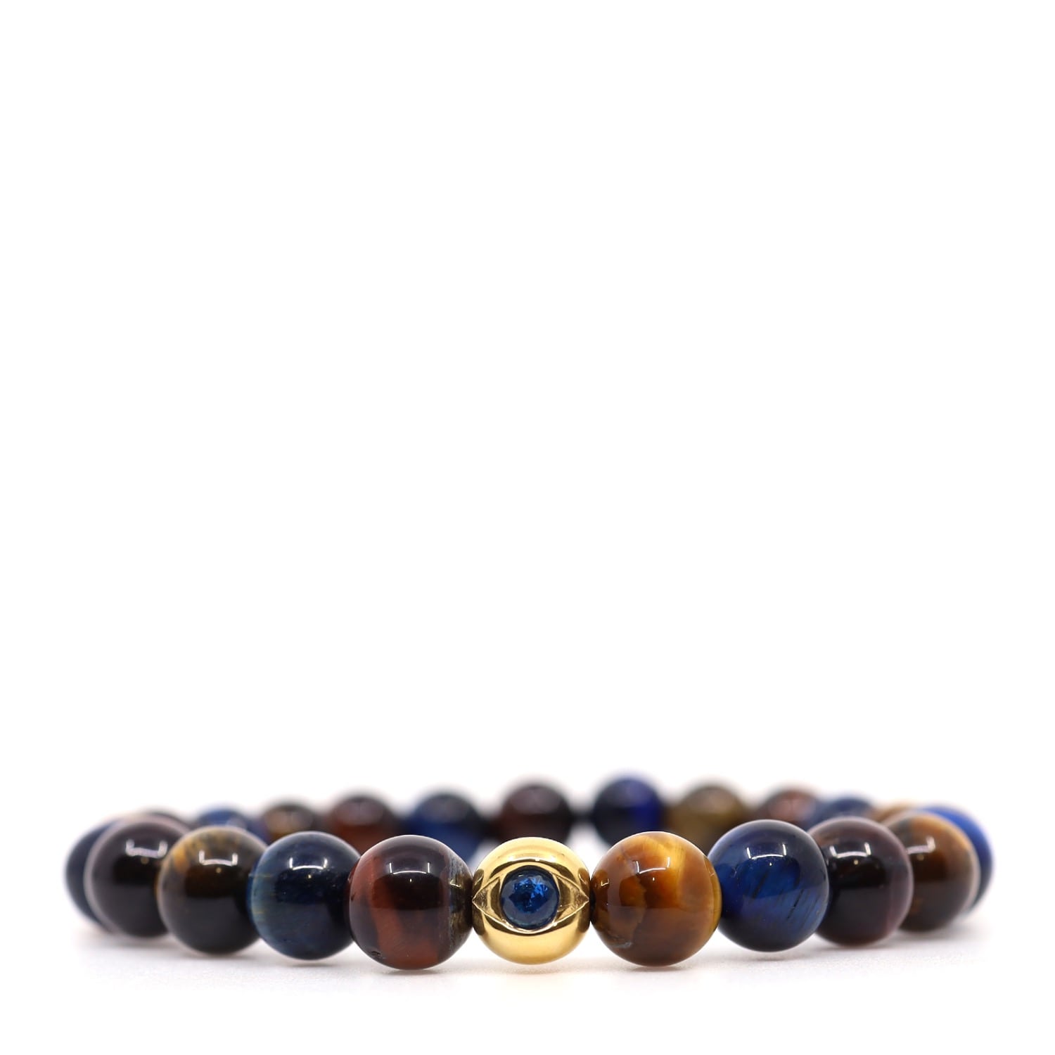 Shar Oke Men's Brown / Blue / Gold Red, Blue & Brown Tiger's Eye & Evil Eye Bracelet In Black
