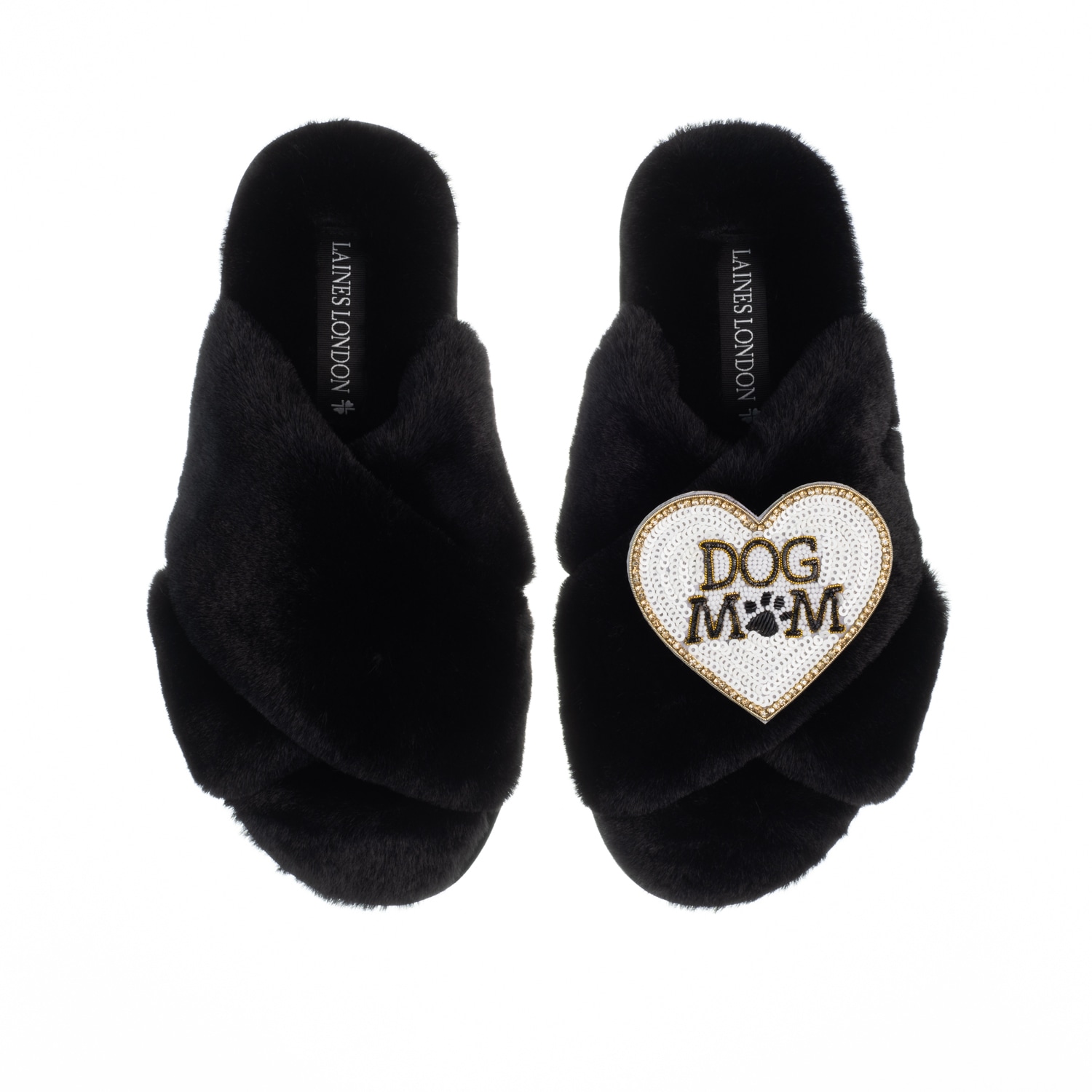 Women’s Classic Laines Slippers With Dog Mum / Mom Brooch - Black Large Laines London